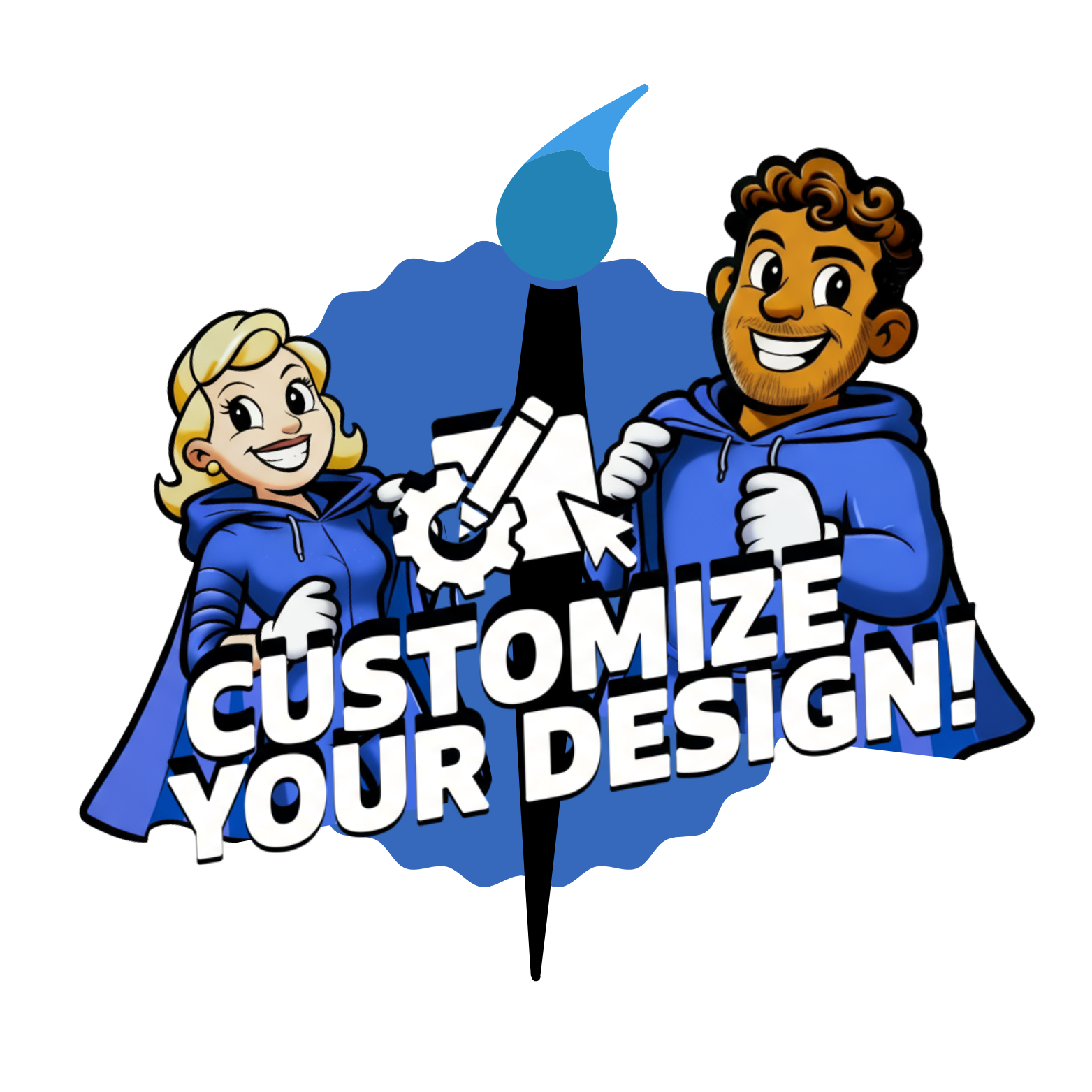 Cartoon of a smiling man and woman in blue hoodies with crossed thumbs, surrounded by gear icons and an upward arrow, with the text 'Customize Your Design!'