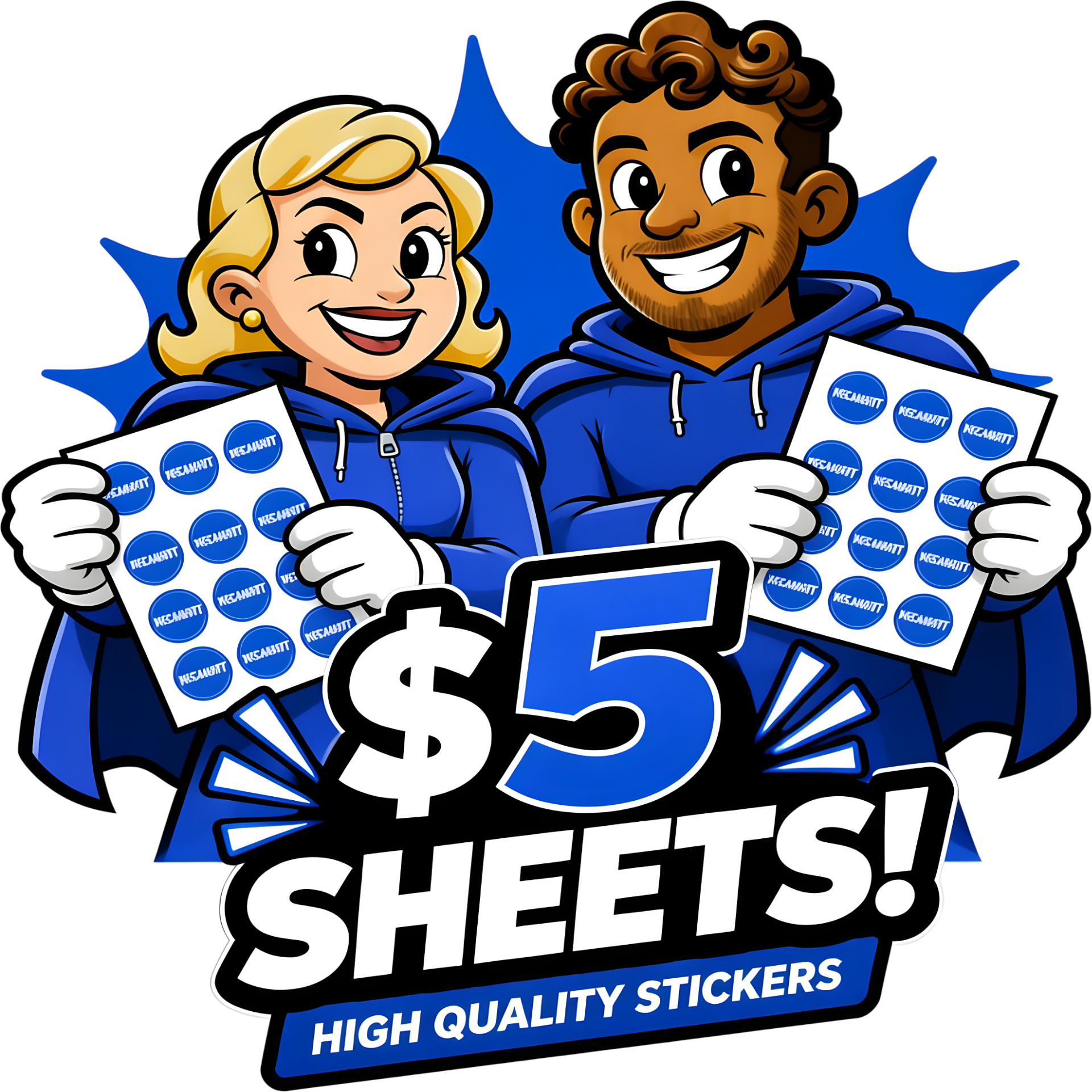 Cartoon illustration of two happy people holding sheets of high-quality, Kool-Aid themed stickers with bold text, promoting sheets of Kool-Aid stickers.