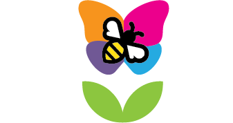 Colorful butterfly with pink, orange, purple, and blue wings sitting on a green leaf, with white dotted lines around it.