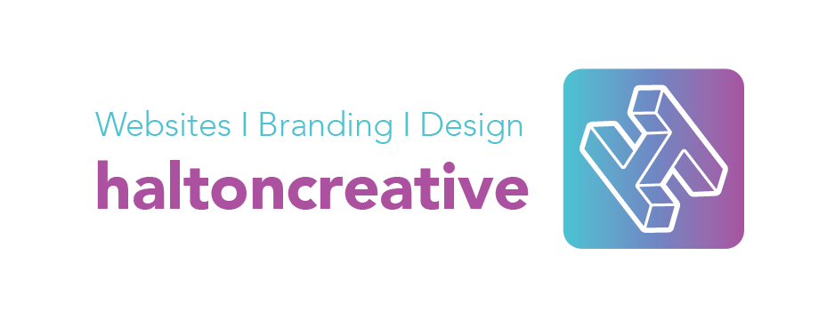 Logo for Halton Creative, featuring a geometric, abstract design with a gradient blue to purple background, and text reading 'Websites | Branding | Design' with the company name in bold purple.
