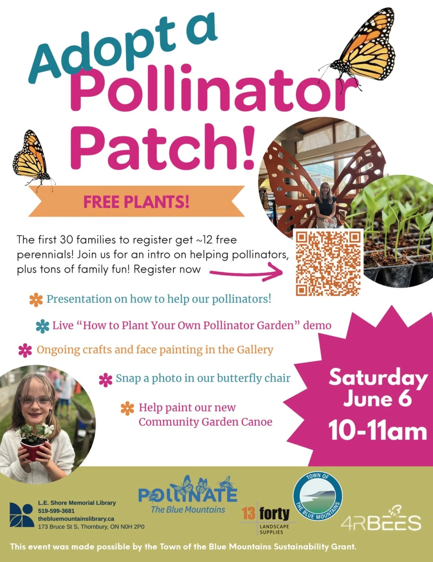 Mark your calendars for June 6! Join us at the LE Shore Memorial library from 10 till 11 AM to learn how to plant your own pollinator garden enjoy crafts and face painting and discuss our efforts to support local pollinators! 

The first 30 families 