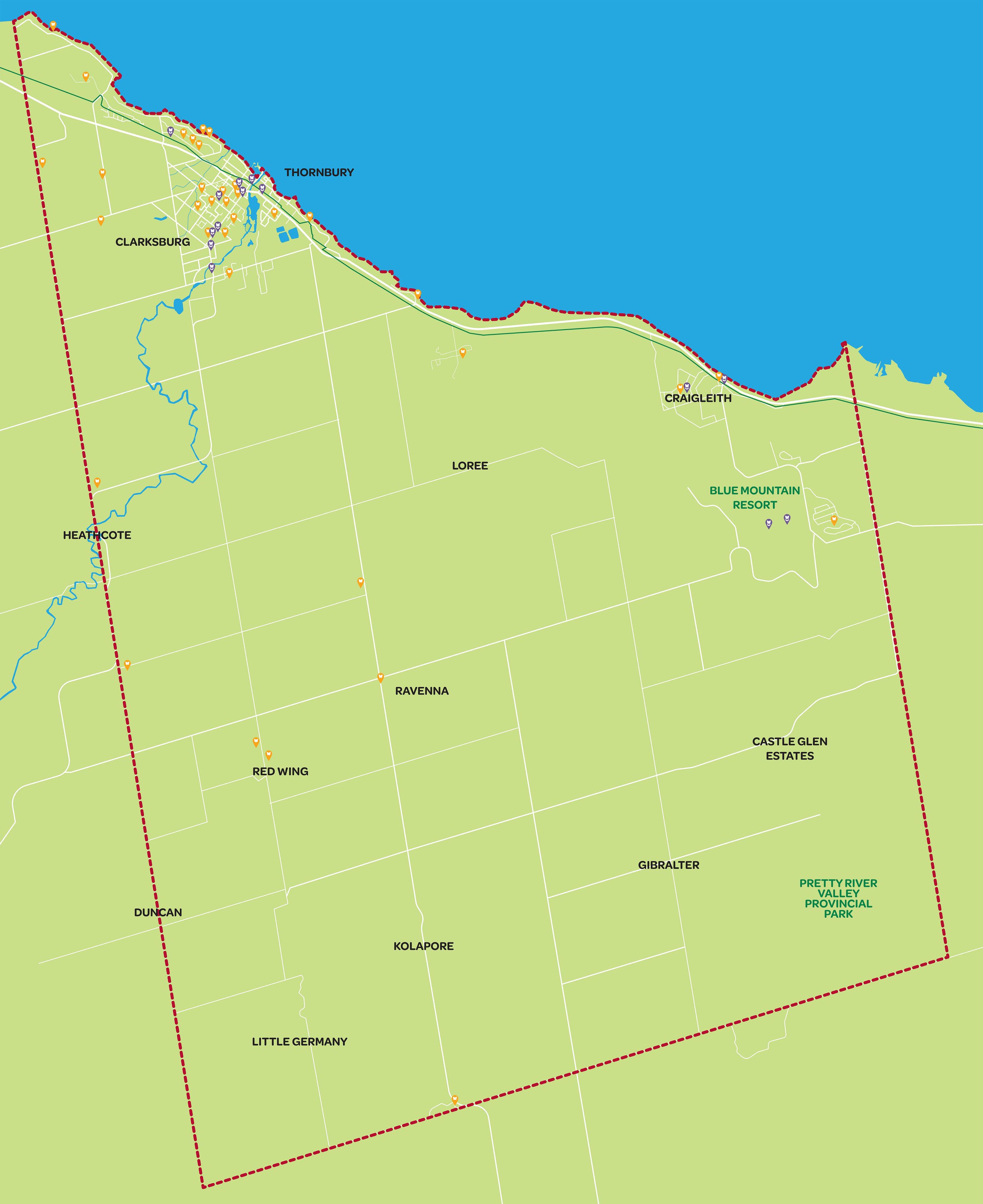 Map showing towns and geographical features along a coastal area, including Heathcote, Duncan, Ravenna, Gibralter, Little Germany, Kolapore, Craigleith, and Thornbury, with parks and natural landmarks marked.