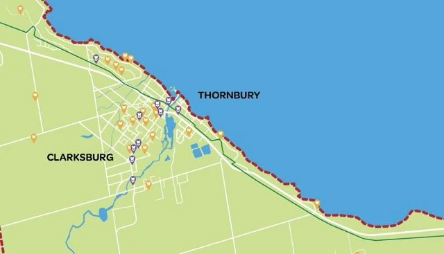 Map showing parts of Clarksburg and Thornbury along Lake Huron in Canada, with roads, lakes, and community markers.