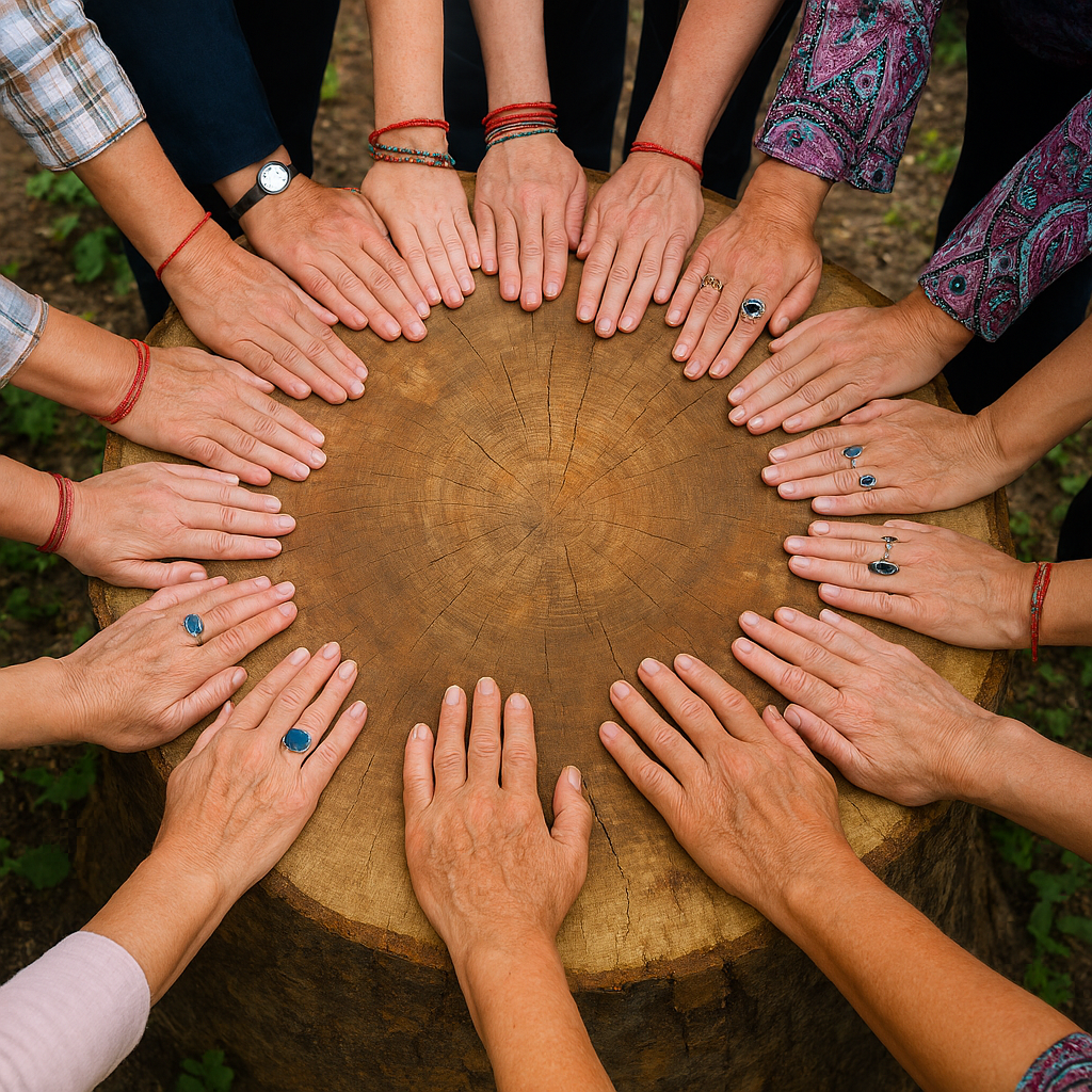 Multiple hands placed on a tree stump, symbolizing unity or teamwork.