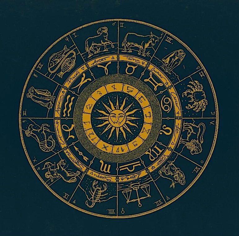 Astrological zodiac wheel with symbols and illustrations of zodiac signs, featuring a central sun with a face, set against a dark background.