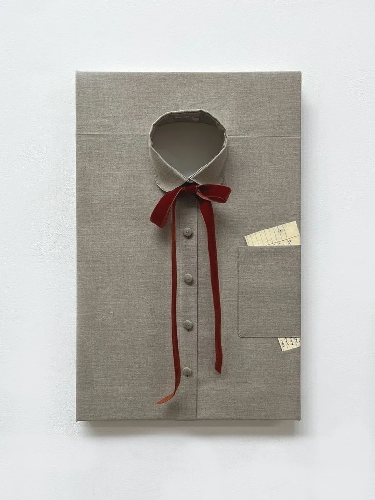 The Truth-teller, 2025 | Oil, cotton thread, linen covered buttons and velvet ribbon on linen | 60cm x 38cm x 8.5cm