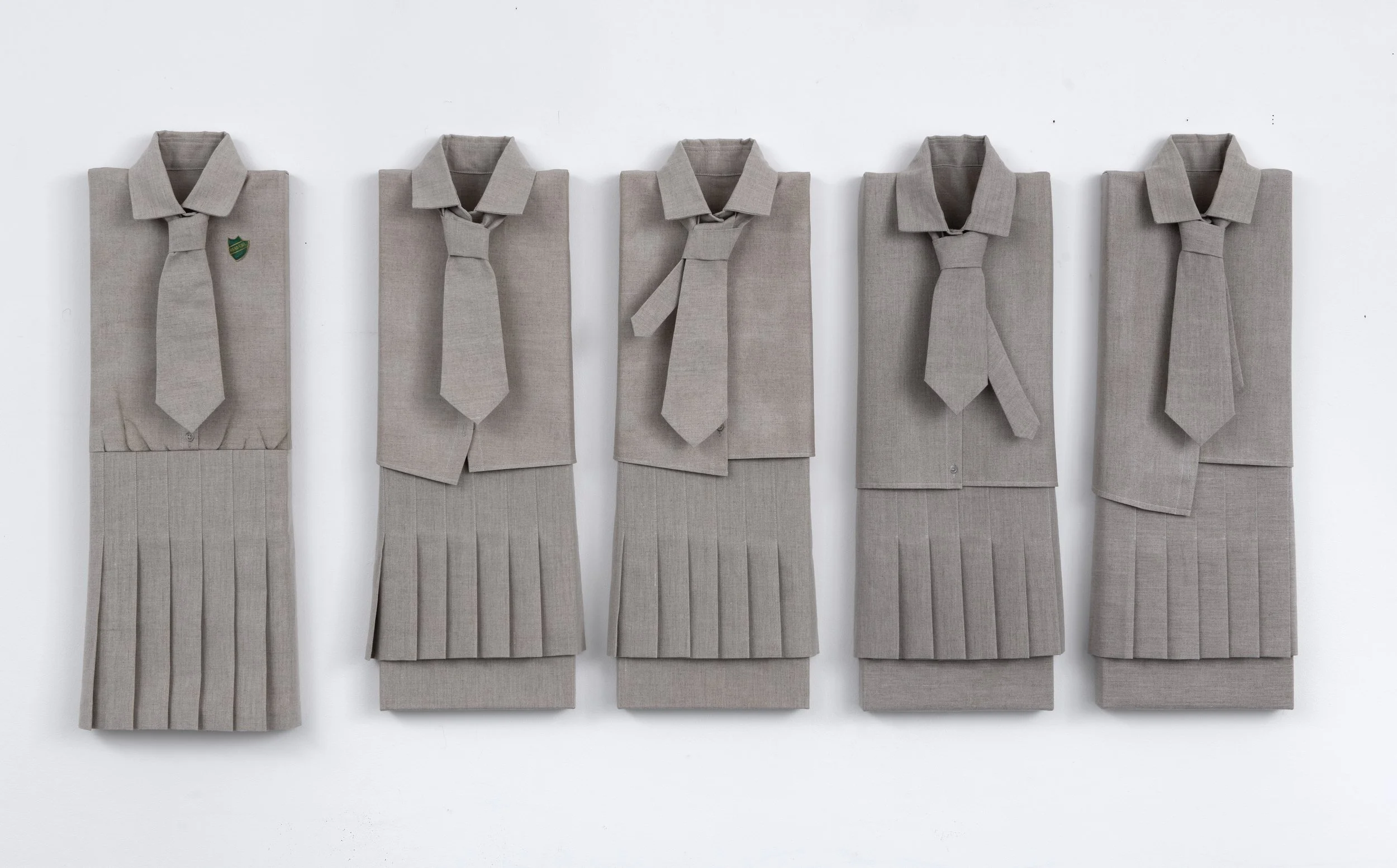 The Line Up, 2025-2026, Oil, thread and cotton poplin on linen | 78cm x 178cm x 8cm 