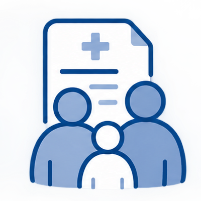 Blue medical prescription document with a cross and three-person family icon