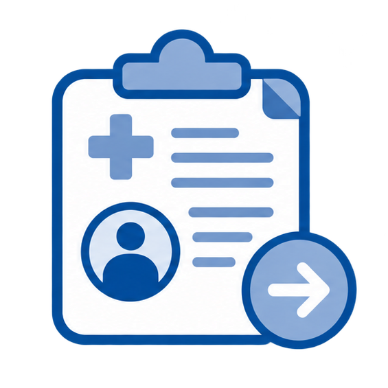 Blue medical clipboard icon with a patient profile, health records, and right arrow