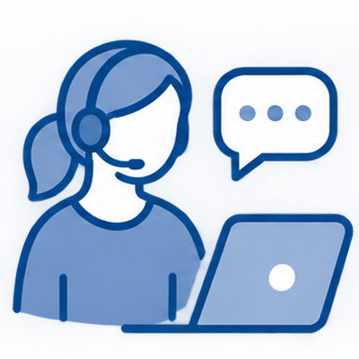 Blue customer service representative wearing a headset and using a laptop with a chat message icon