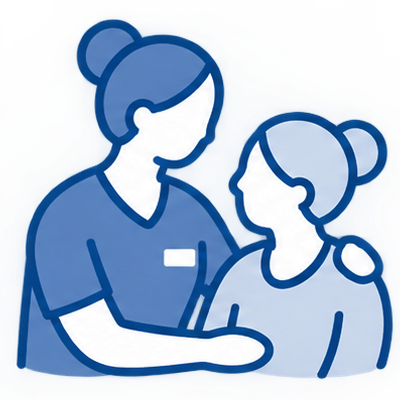 Illustration of a healthcare worker caring for an elderly patient in a wheelchair.