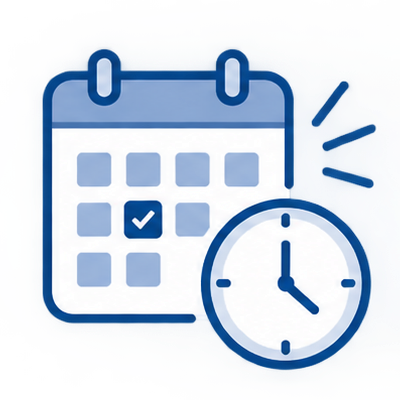 Blue calendar with checkmark and clock icon representing scheduled appointments