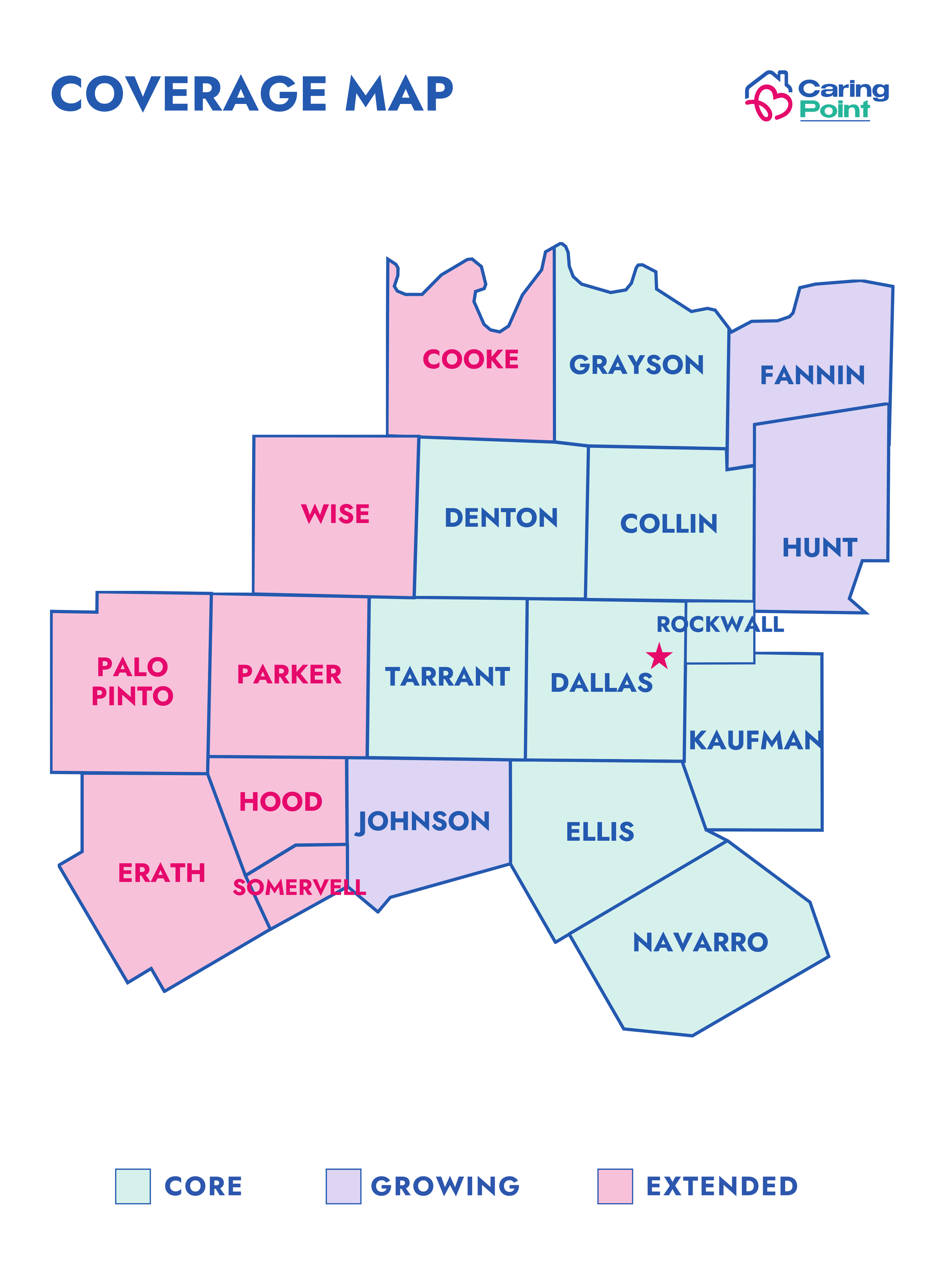 Caring Point coverage map of the Dallas-Fort Worth area showing county service regions, including Dallas, Tarrant, Collin, Denton, and surrounding counties, categorized as core, growing, or extended.