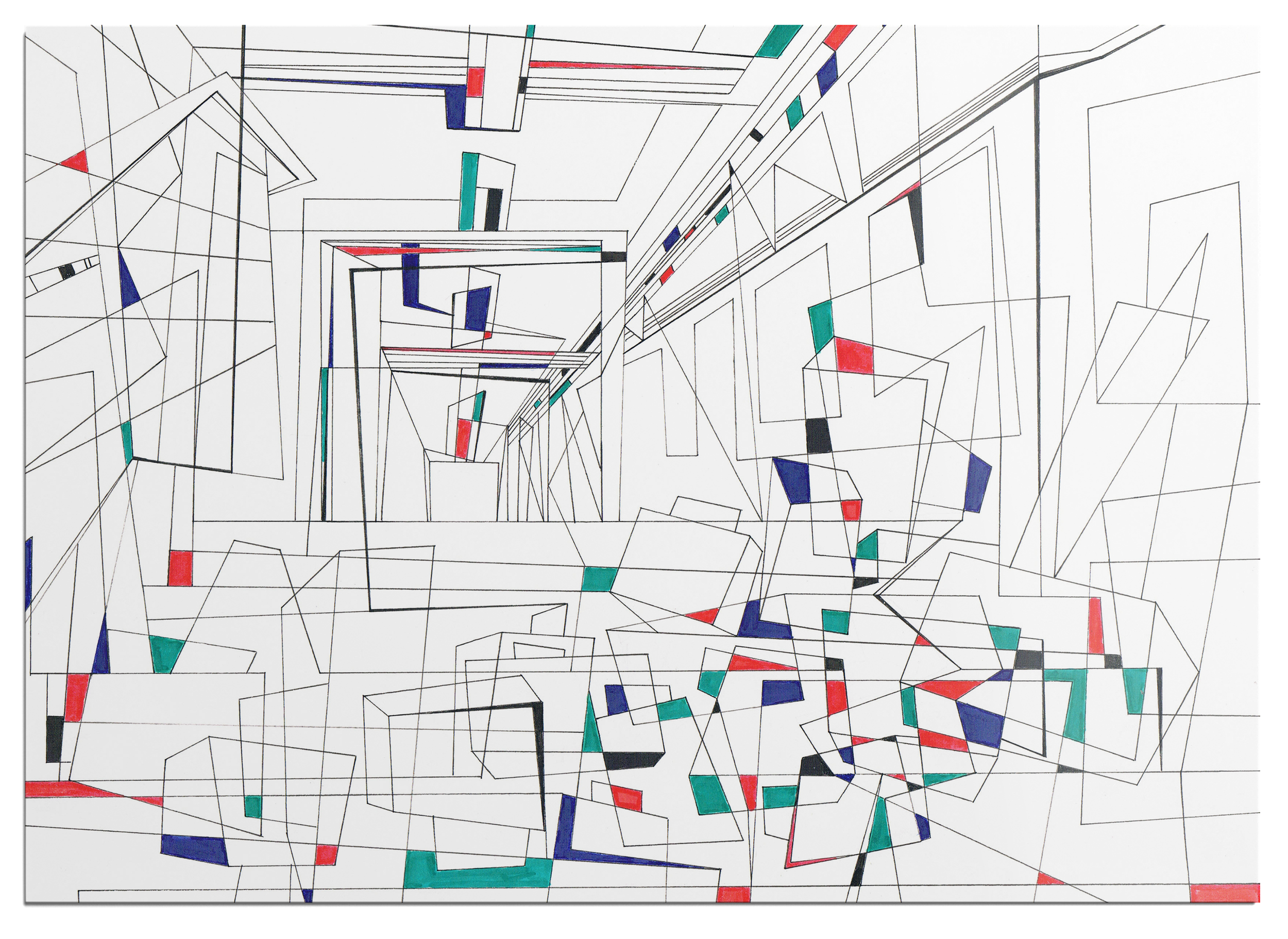Colourful marker drawing, panel 16 of a 25-part abstract graphic narrative exploring the transient space of a train station.