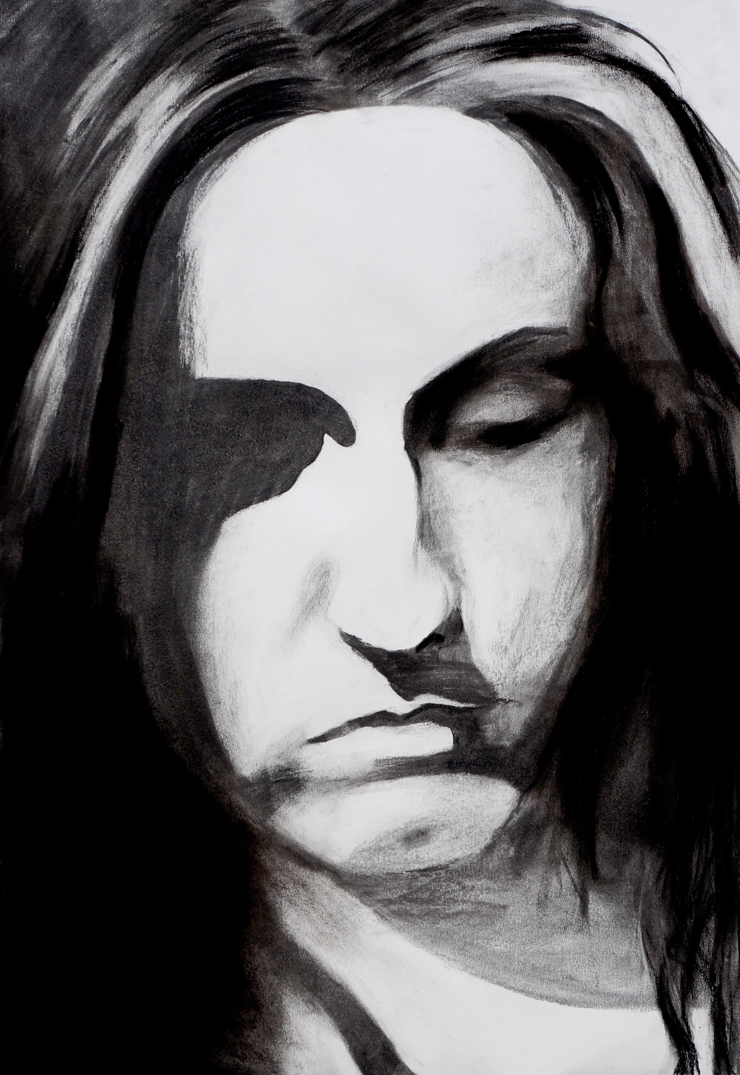 Hand-drawn mixed media semi-realistic portrait in black and white, project inspired by Hermann Hesse's Steppenwolf, 03