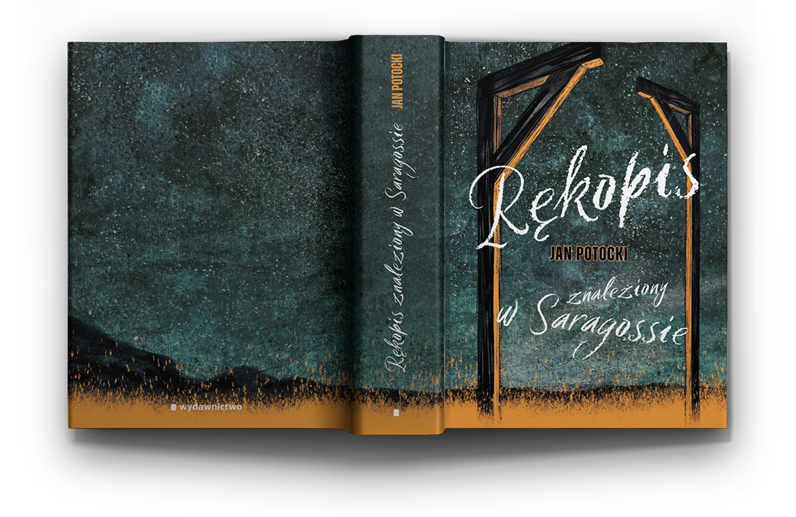 Flat layout of the full book cover for The Manuscript Found in Saragossa by Jan Potocki. Design by Katarzyna Maria Kostrzewska.