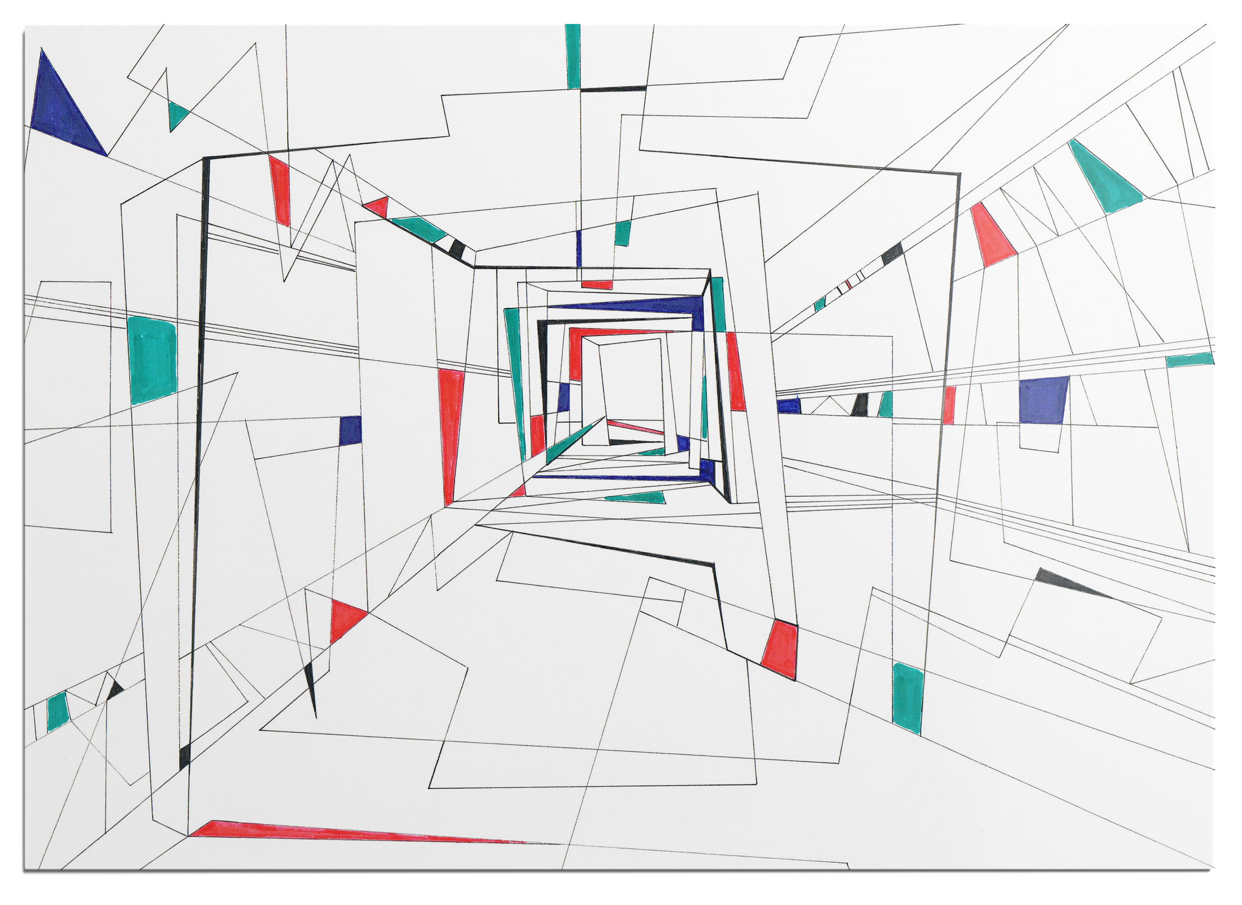 Colourful marker drawing, panel 09 of a 25-part abstract graphic narrative exploring the transient space of a train station.