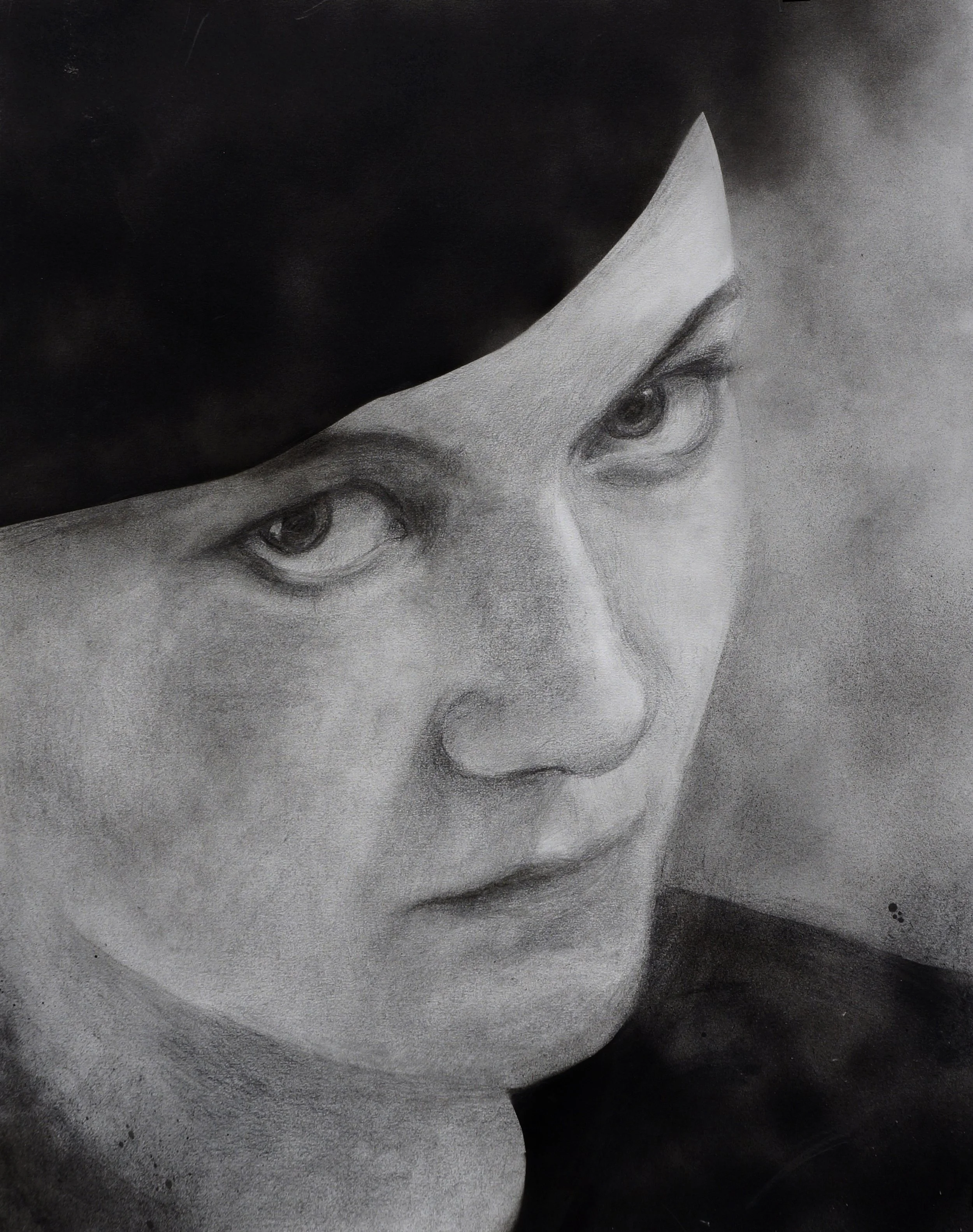 Hand-drawn mixed media semi-realistic portrait in black and white, project inspired by Hermann Hesse's Steppenwolf, 04