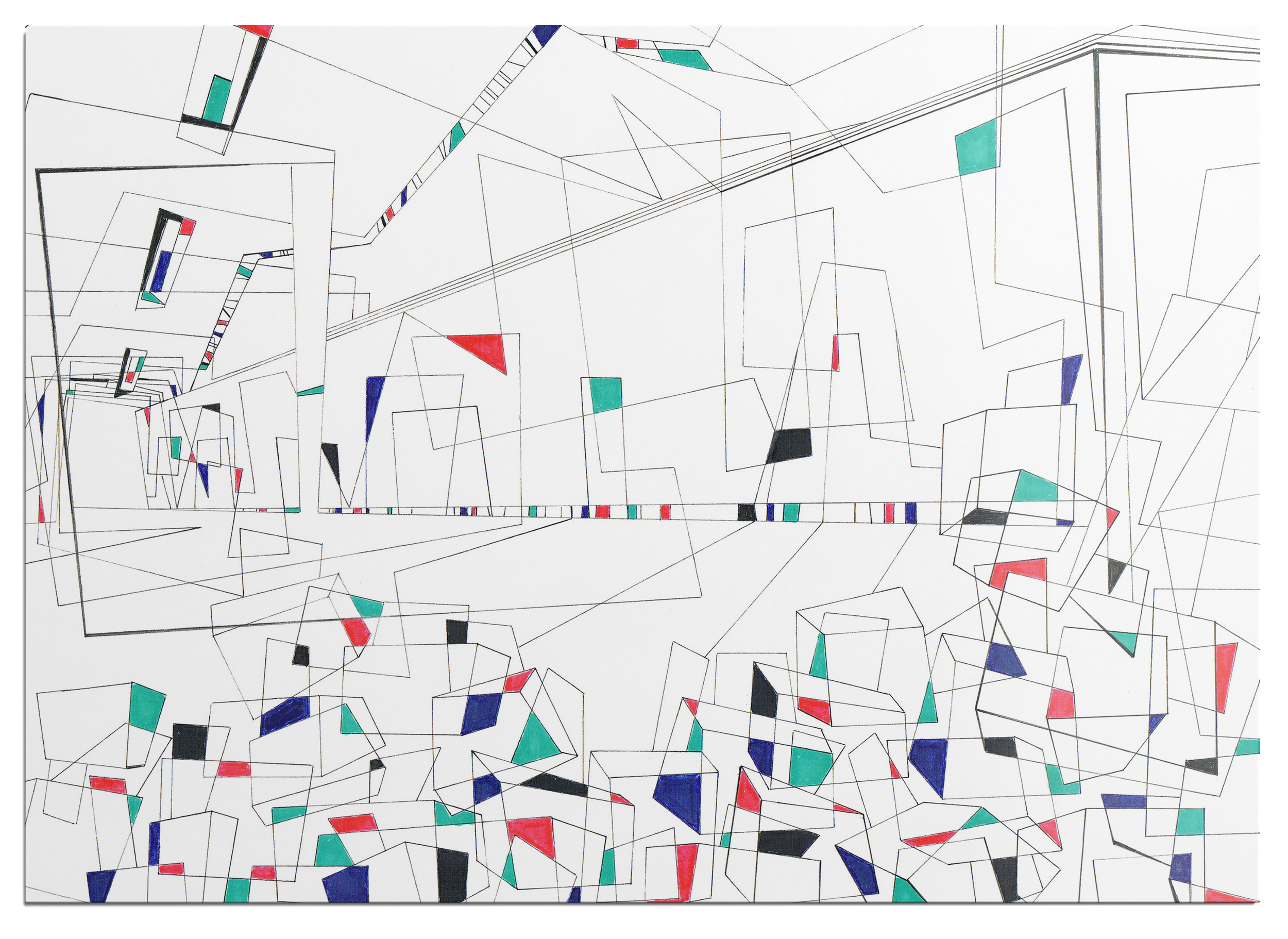 Colourful marker drawing, panel 17 of a 25-part abstract graphic narrative exploring the transient space of a train station.