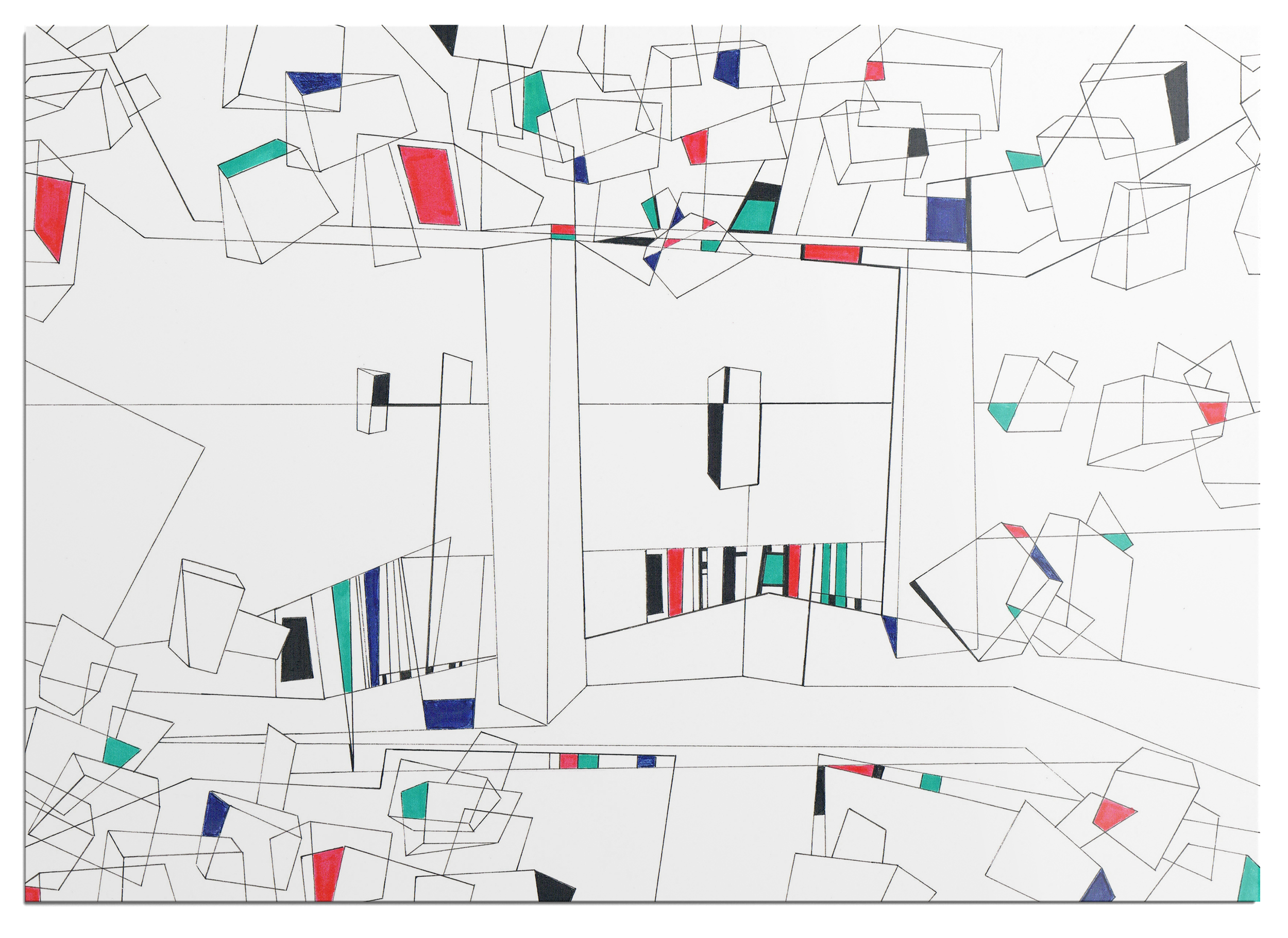 Colourful marker drawing, panel 25 of a 25-part abstract graphic narrative exploring the transient space of a train station.