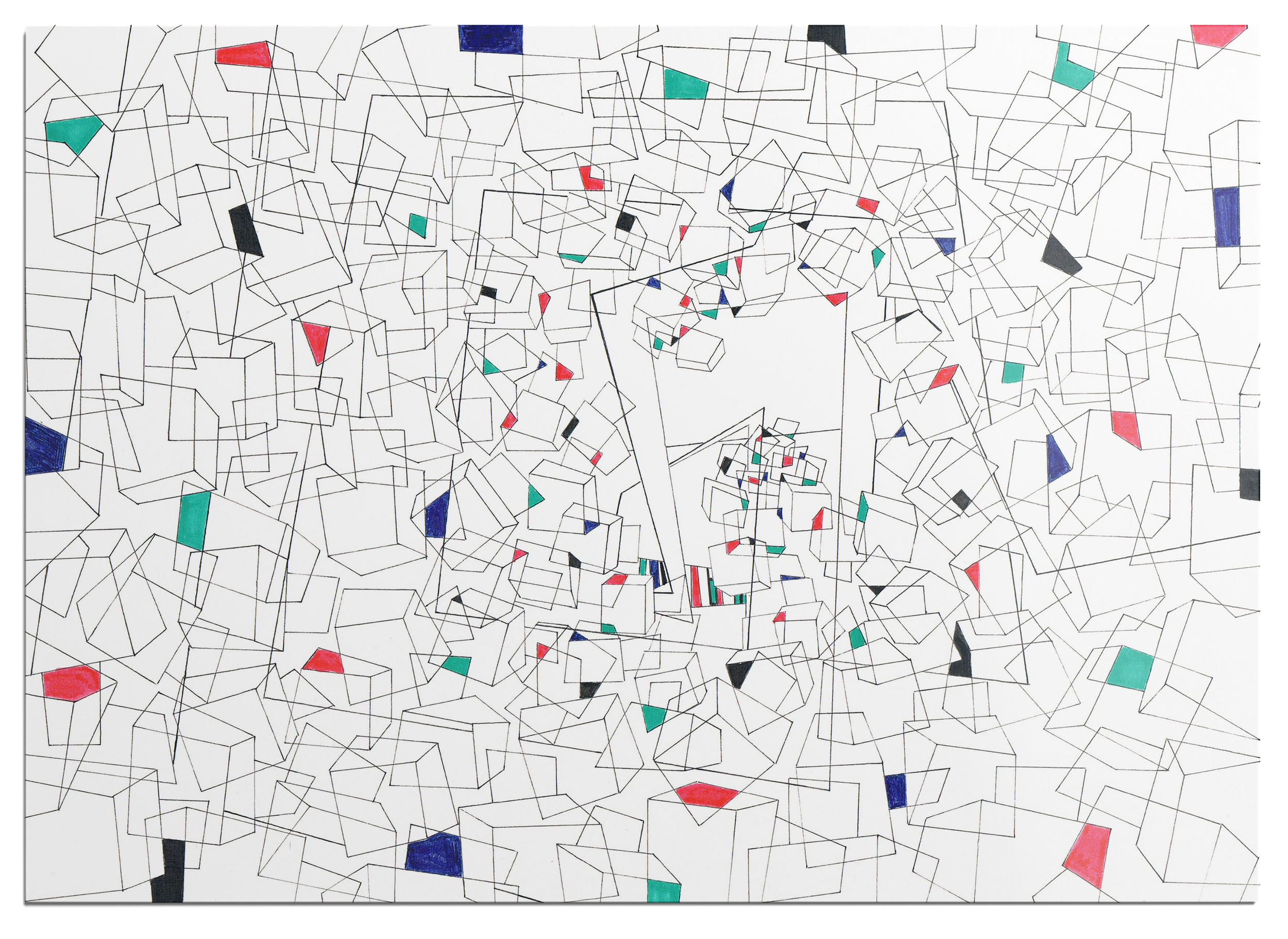 Colourful marker drawing, panel 22 of a 25-part abstract graphic narrative exploring the transient space of a train station.