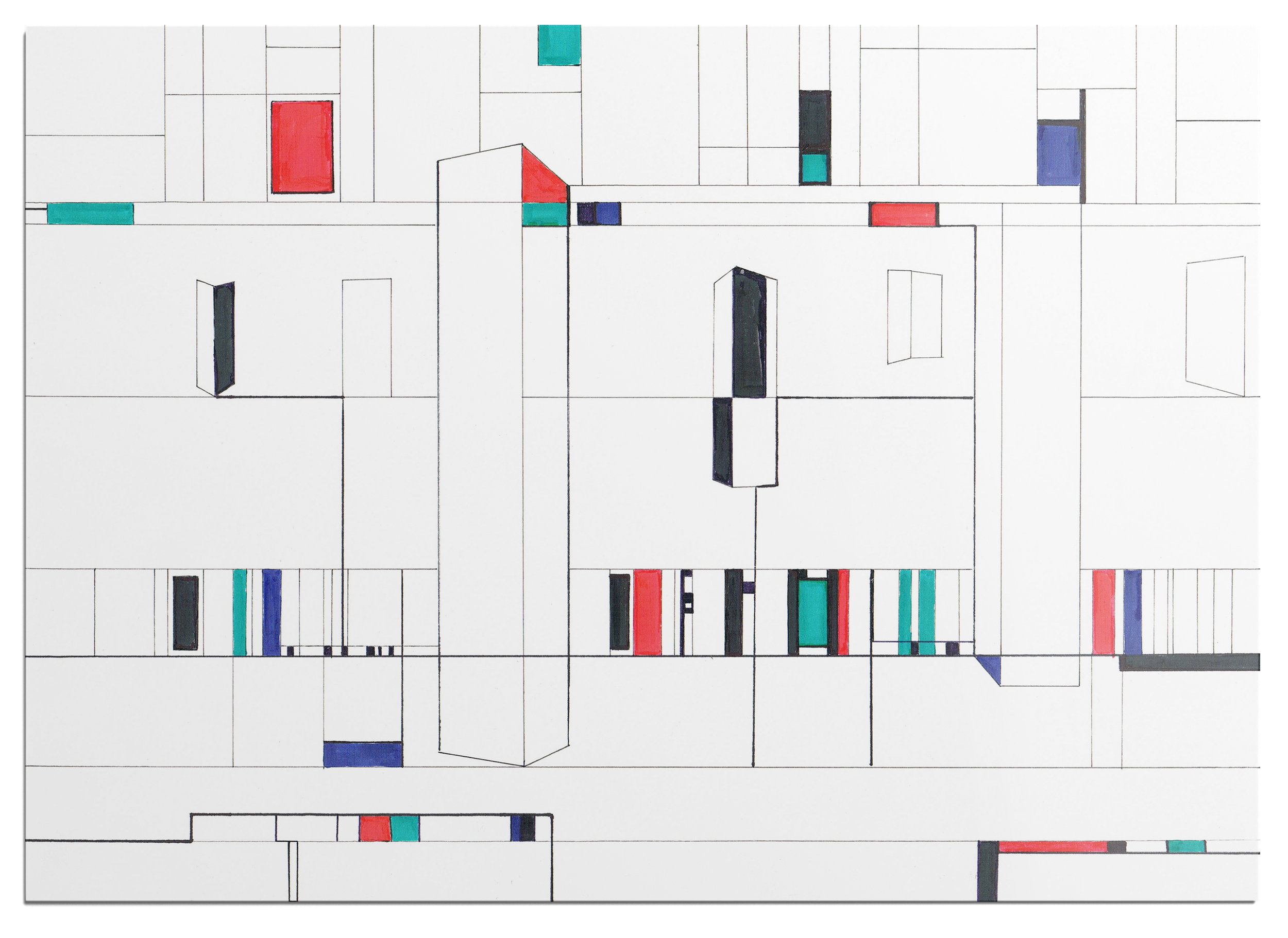 Colourful marker drawing, panel 02 of a 25-part abstract graphic narrative exploring the transient space of a train station.