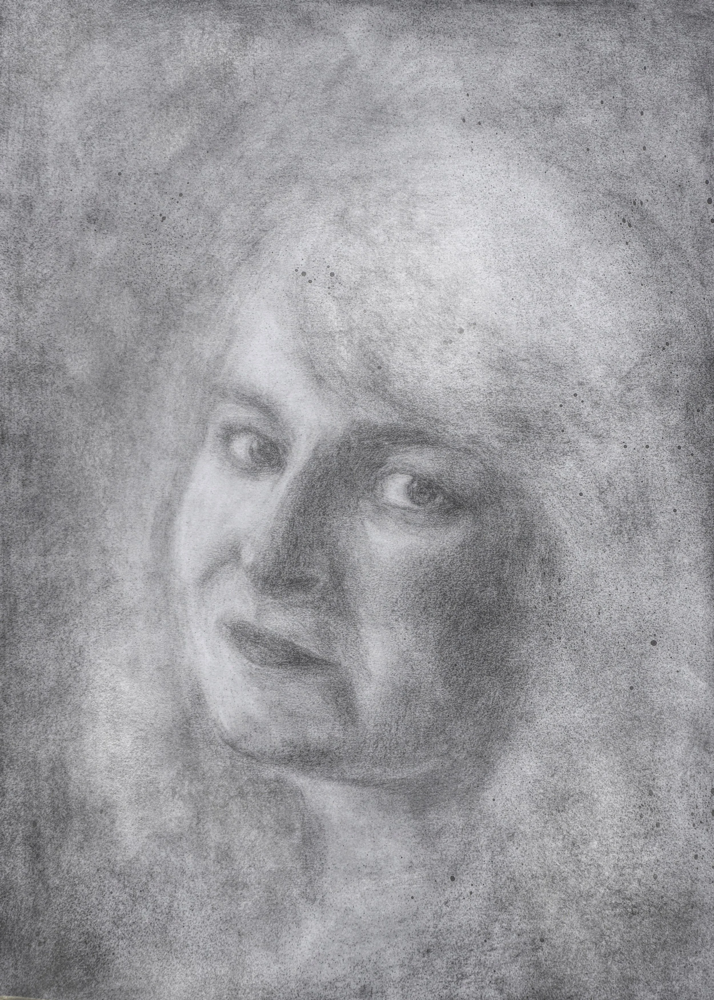 Hand-drawn mixed media semi-realistic portrait in black and white, project inspired by Hermann Hesse's Steppenwolf, 02