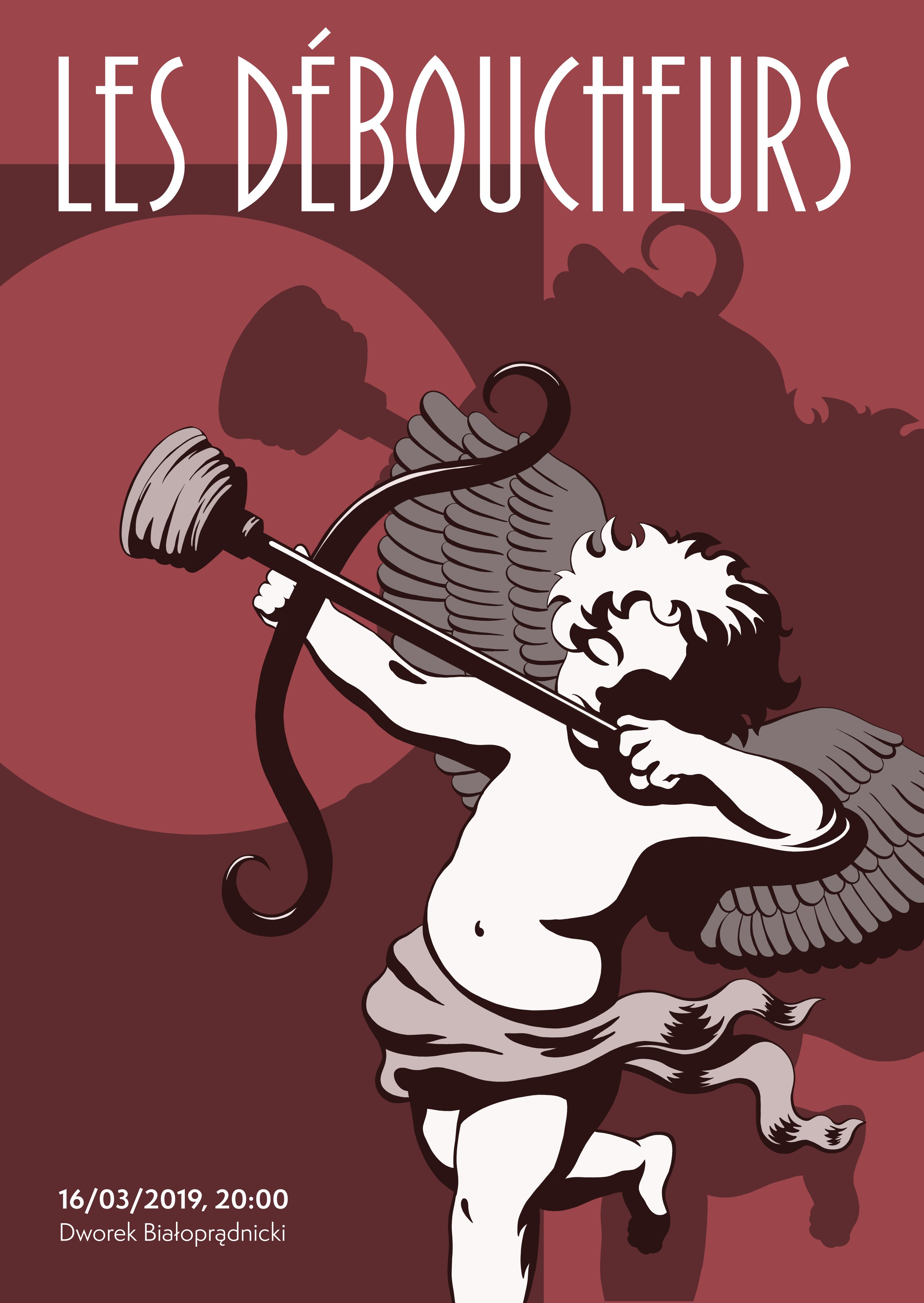 Concert poster for a gypsy jazz band performing jazz standards and popular songs. Visual contrast between formal attire and lively, humorous music style.