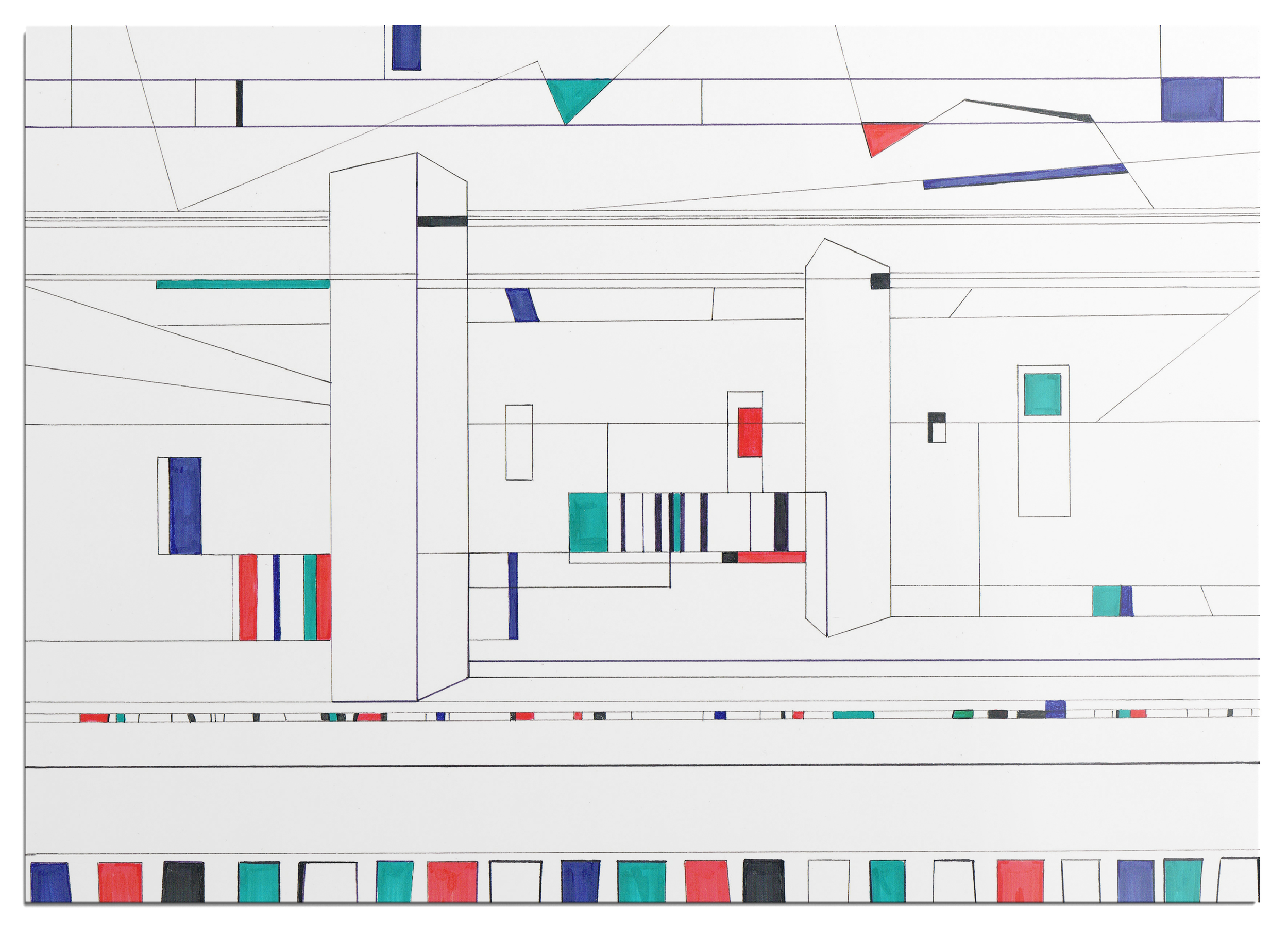 Colourful marker drawing, panel 03 of a 25-part abstract graphic narrative exploring the transient space of a train station.