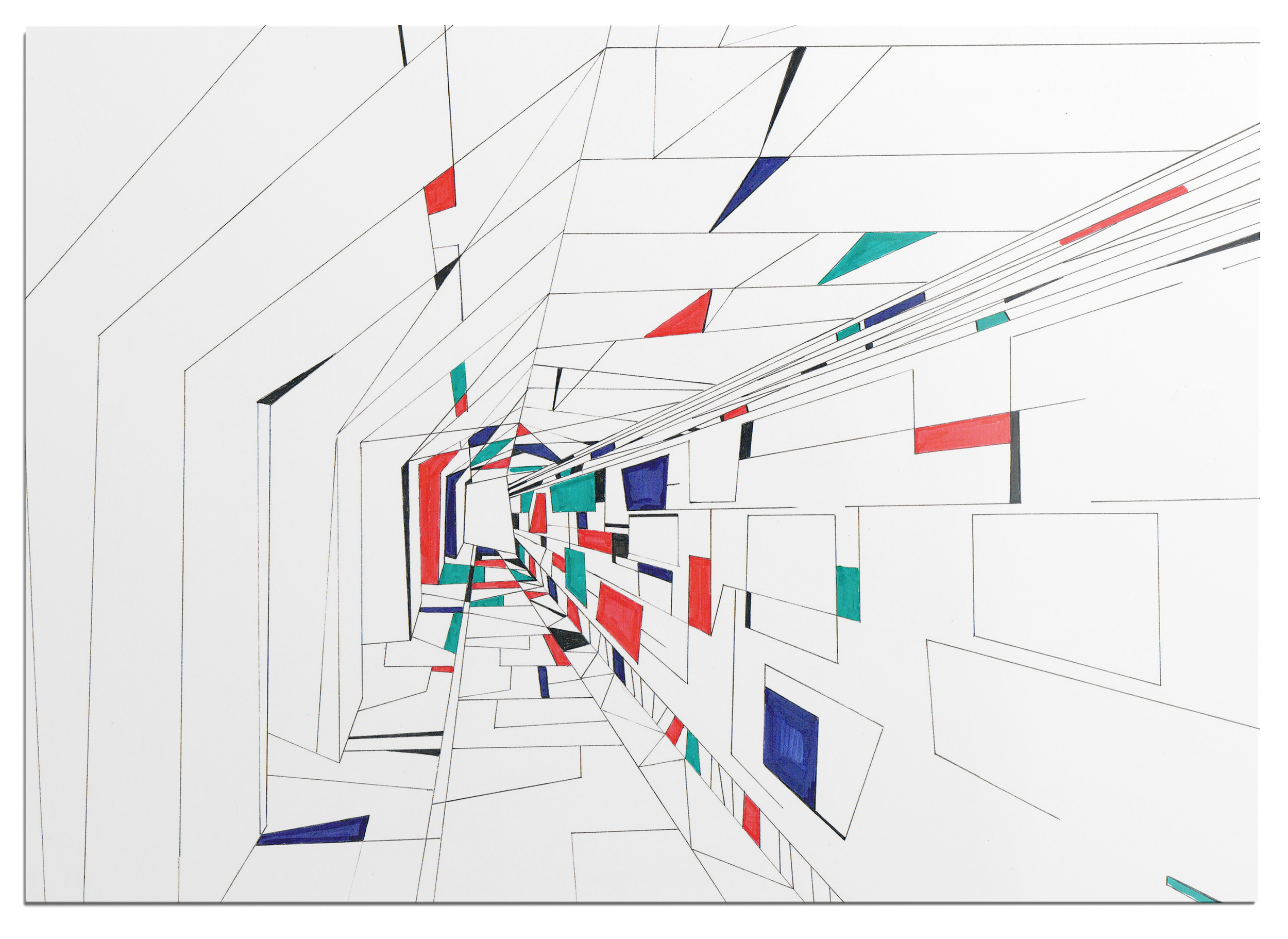 Colourful marker drawing, panel 11 of a 25-part abstract graphic narrative exploring the transient space of a train station.
