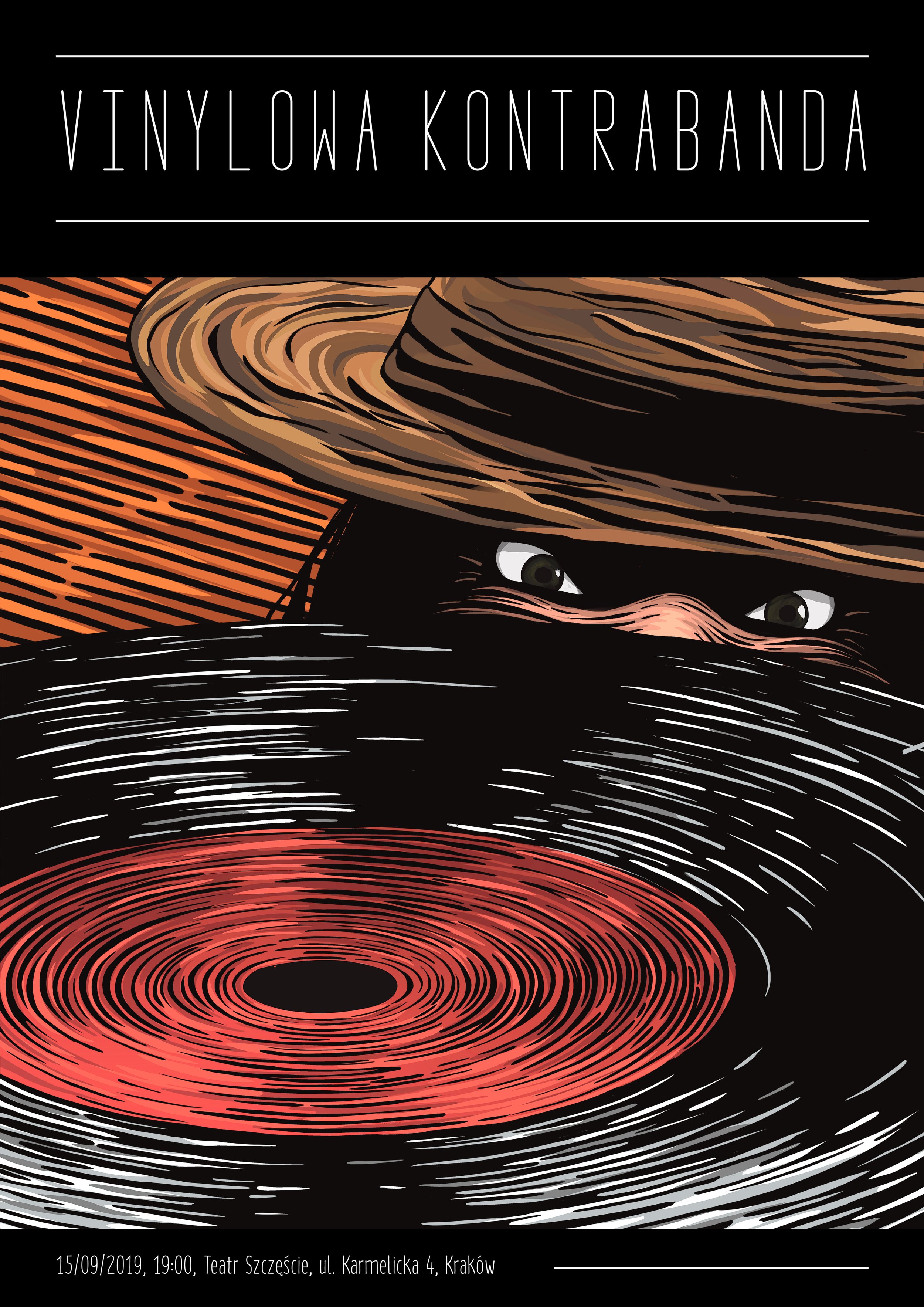 Poster promoting a concert of Polish songs from the early 20th century, arranged in a modern style. The visual concept blends vintage noir aesthetics with comic book references.