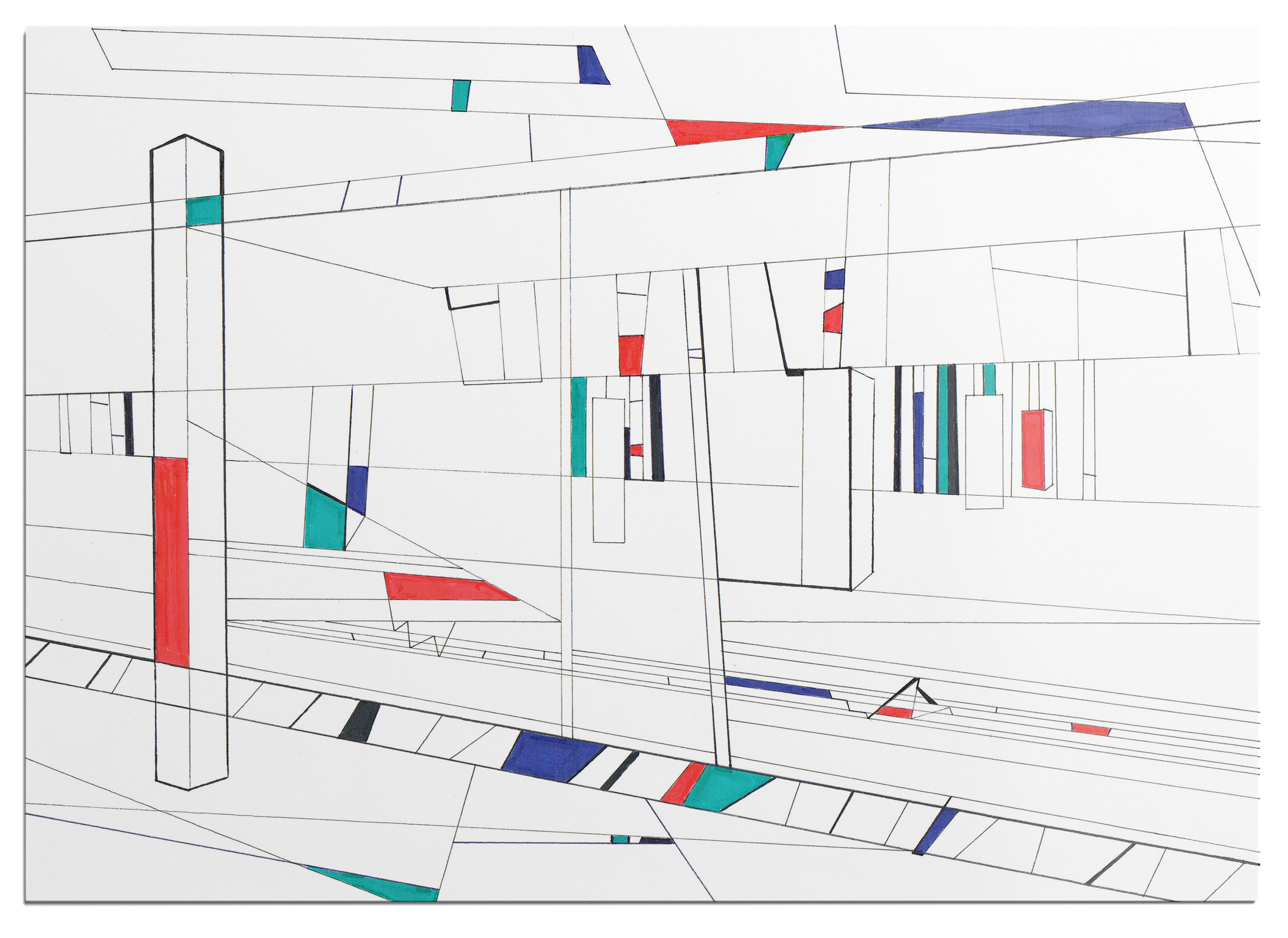 Colourful marker drawing, panel 04 of a 25-part abstract graphic narrative exploring the transient space of a train station.