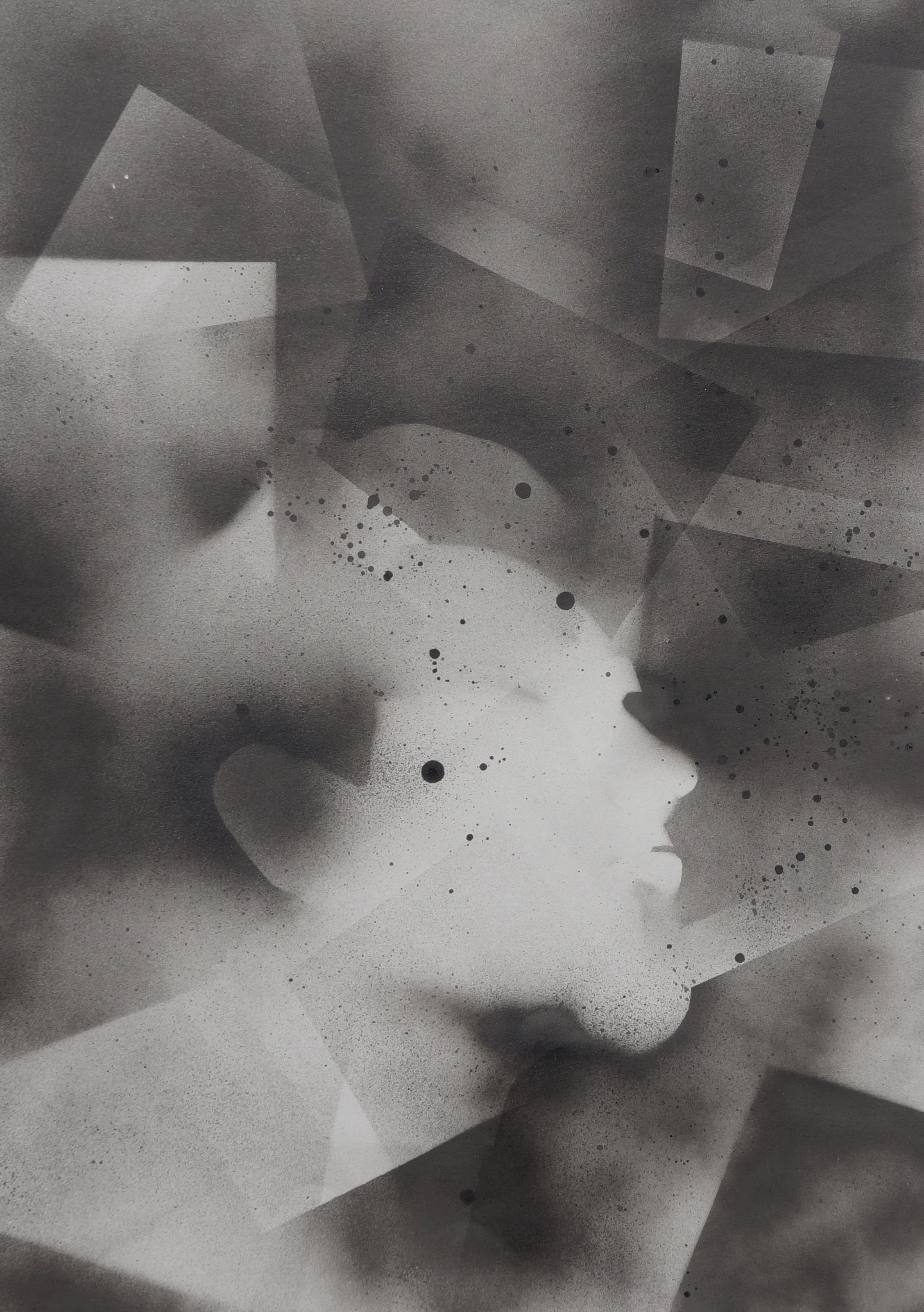 Hand-drawn mixed media semi-realistic portrait in black and white, project inspired by Hermann Hesse's Steppenwolf, 07