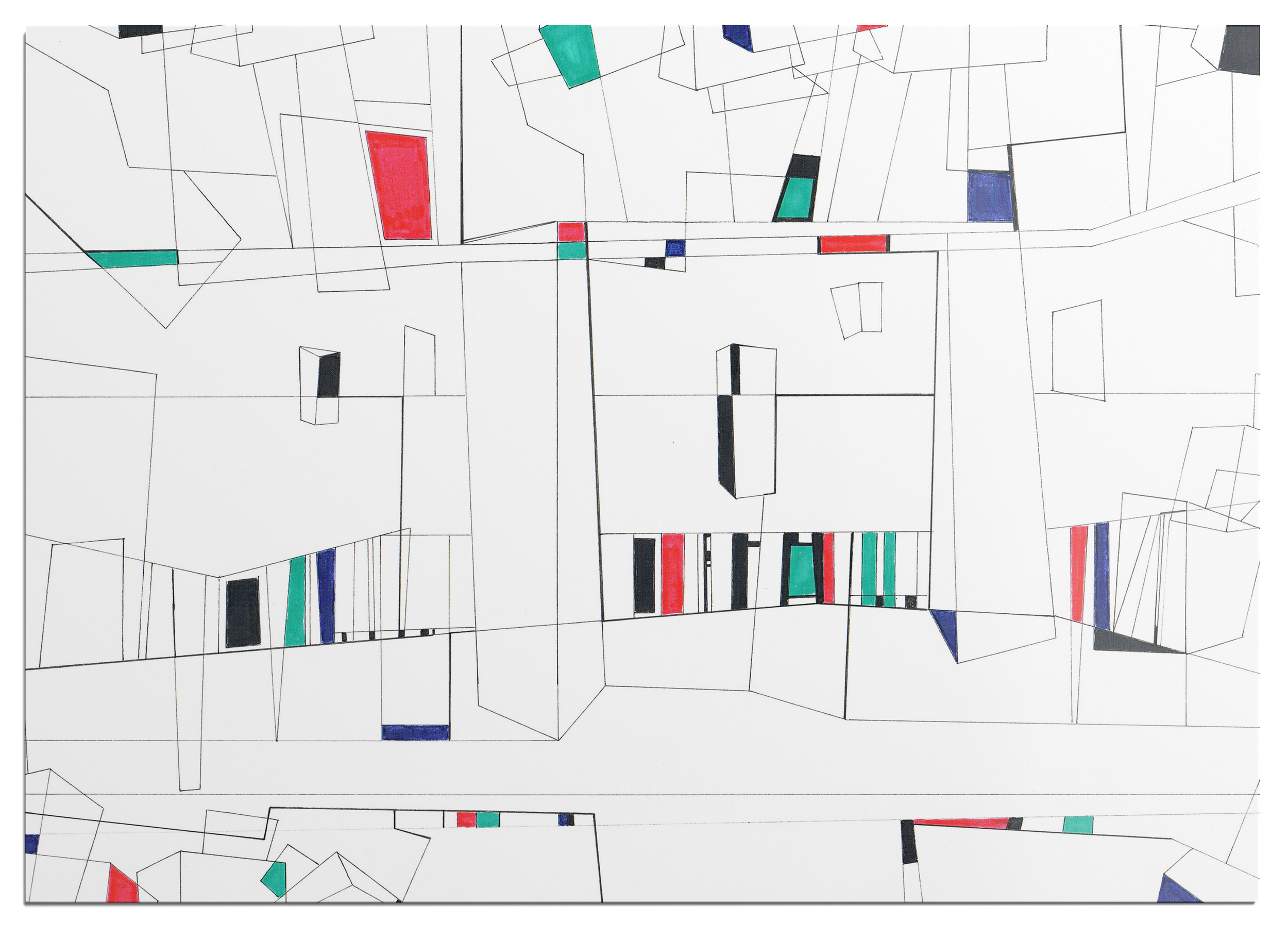 Colourful marker drawing, panel 01 of a 25-part abstract graphic narrative exploring the transient space of a train station.