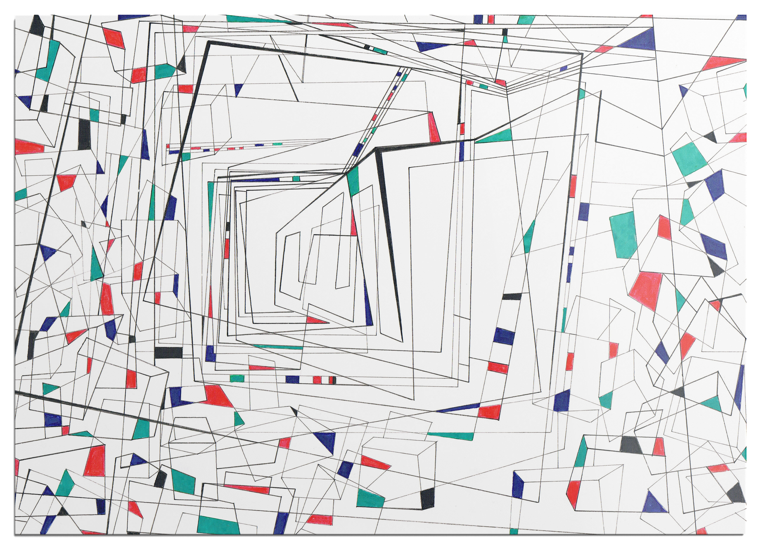 Colourful marker drawing, panel 19 of a 25-part abstract graphic narrative exploring the transient space of a train station.