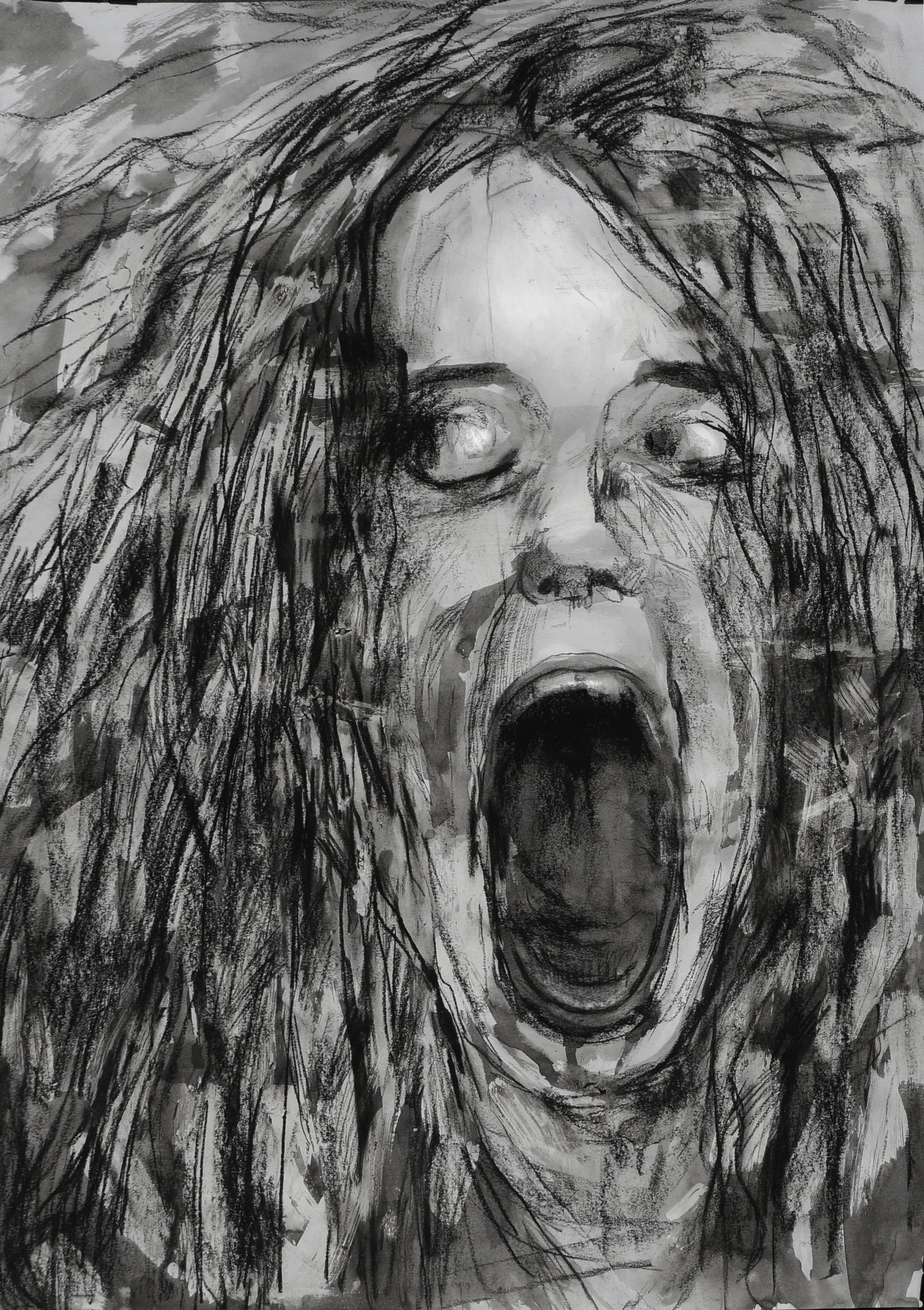 Hand-drawn mixed media semi-realistic portrait in black and white, project inspired by Hermann Hesse's Steppenwolf, 01