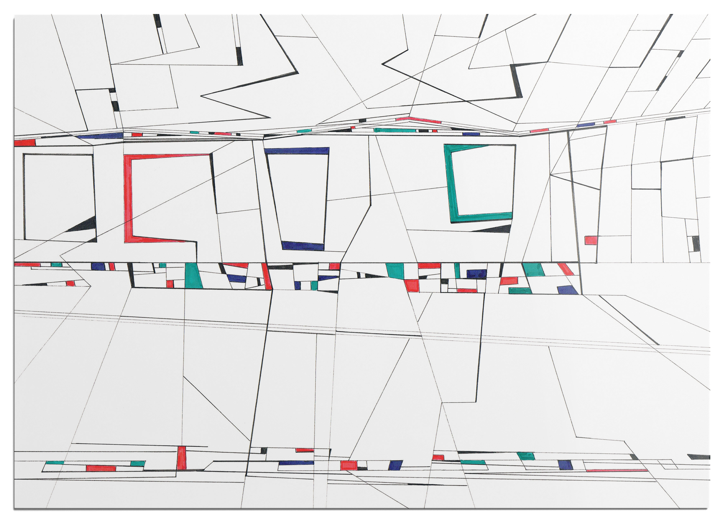 Colourful marker drawing, panel 13 of a 25-part abstract graphic narrative exploring the transient space of a train station.