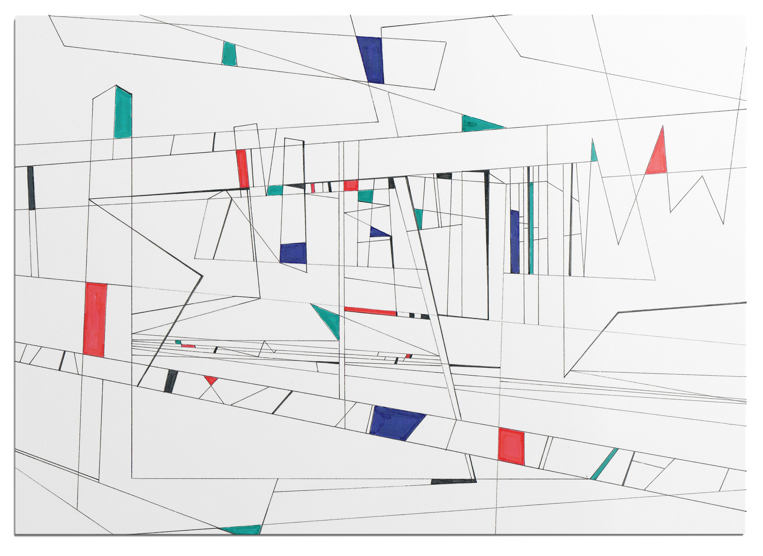 Colourful marker drawing, panel 06 of a 25-part abstract graphic narrative exploring the transient space of a train station.