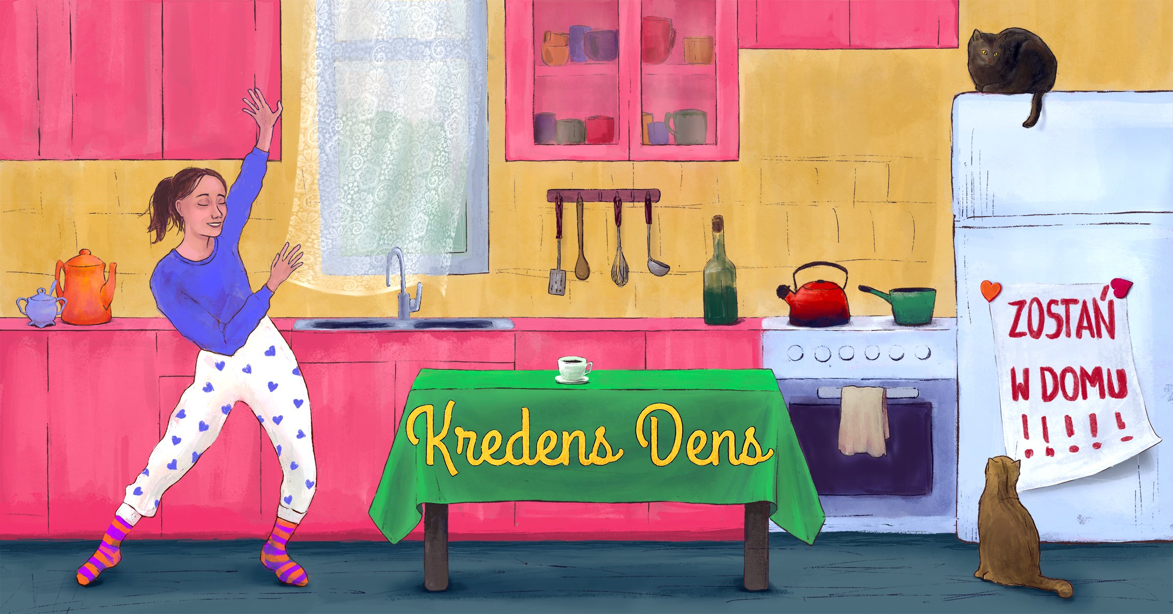 Facebook event cover for an online concert by swing band Kredens Dens, supporting the "Stay at Home" campaign during the coronavirus pandemic.