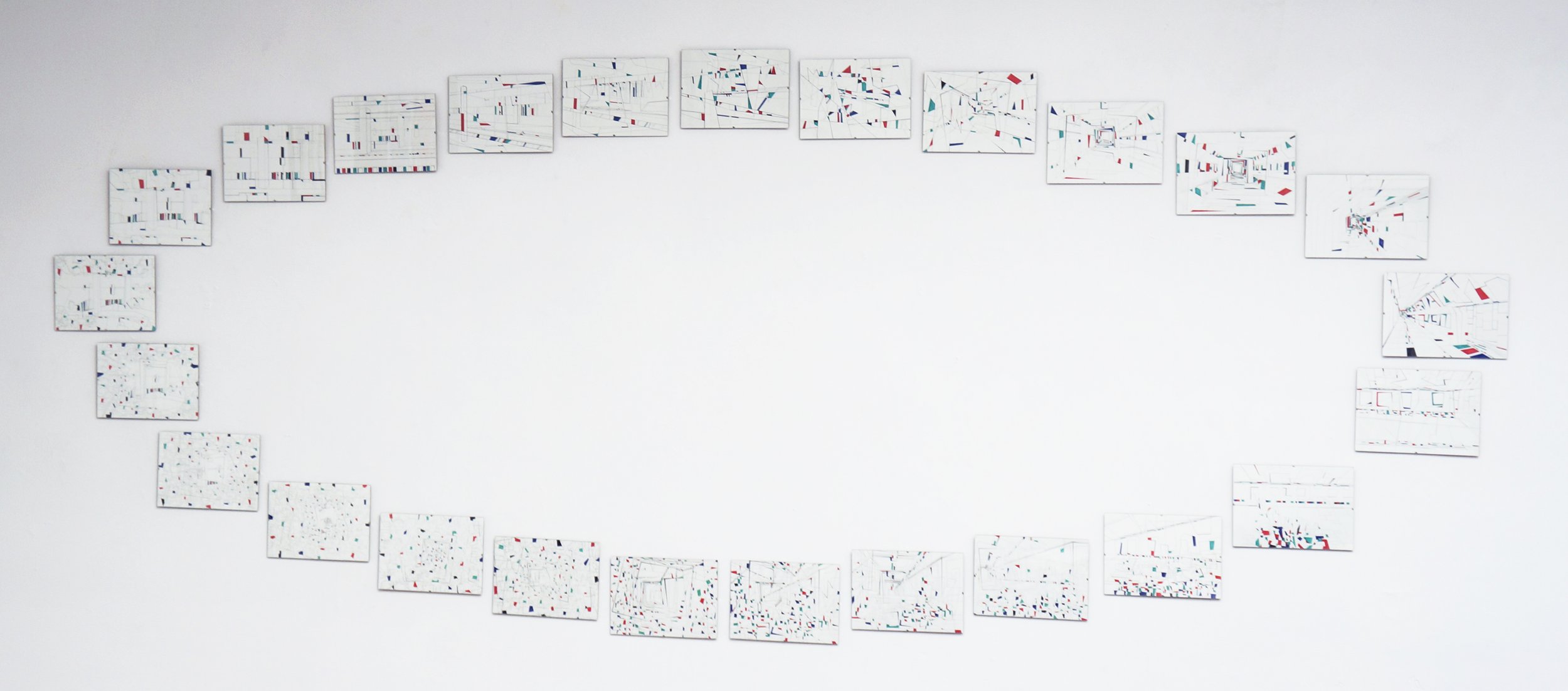 Exhibition view of 'The station' graphic novella displayed on a wall as a continuous loop of 25 hand-drawn A4 illustrations