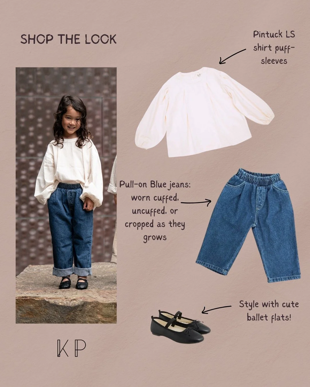 Shop the look! Featuring our Pin-tuck Shirt and Elastic-waist Blue Jean (a customer favorite!) Comfort meets style, always. 

#kidsjeans #ShopTheLook