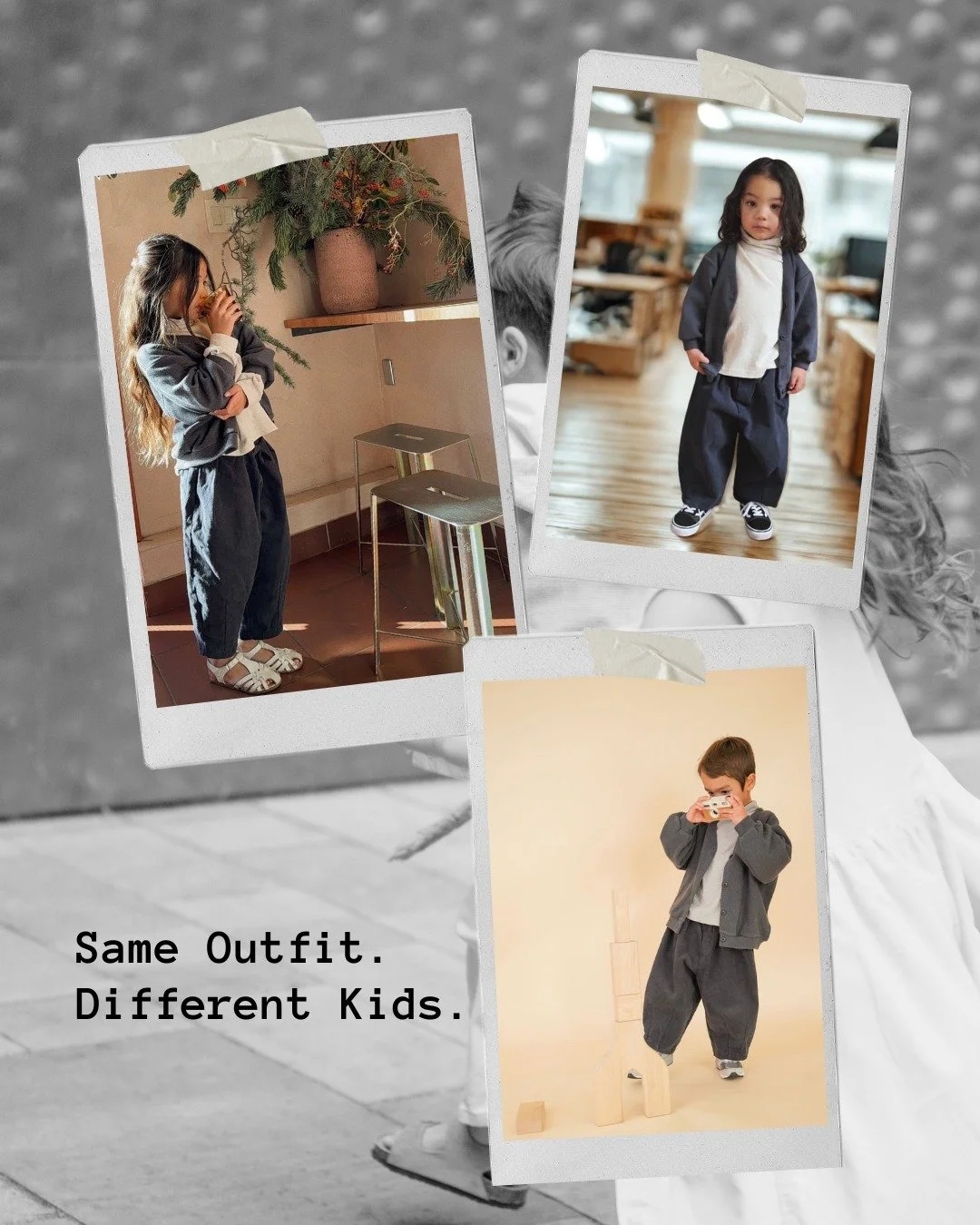 Cardigan, turtle neck, and barrel-leg pant-- different kids, same cool outfit.