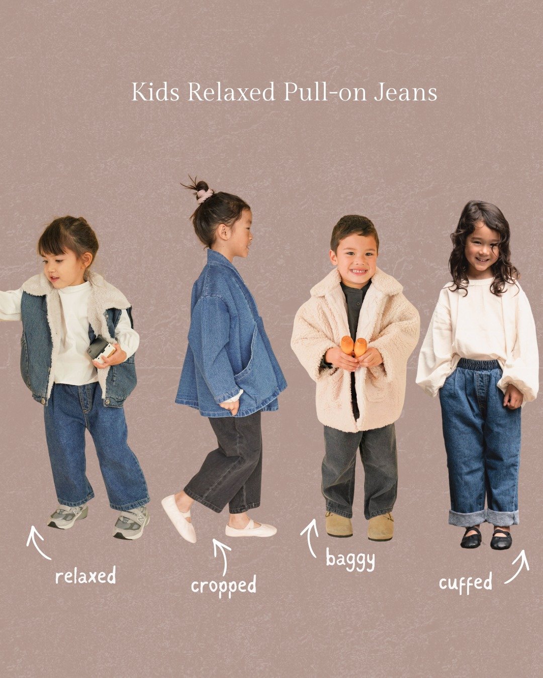 Two colors available of this favorite elastic-waist jean. Jeans that can grow with them and passed down. Wear it cuffed, then baggy, or cropped. 

#kidsjeans  #kidsfashion