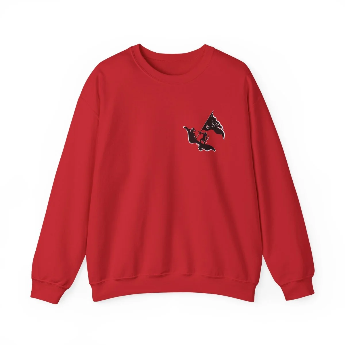 Red sweatshirt with a small black and white graphic of a river, mountain, and sailboat on the left chest area.
