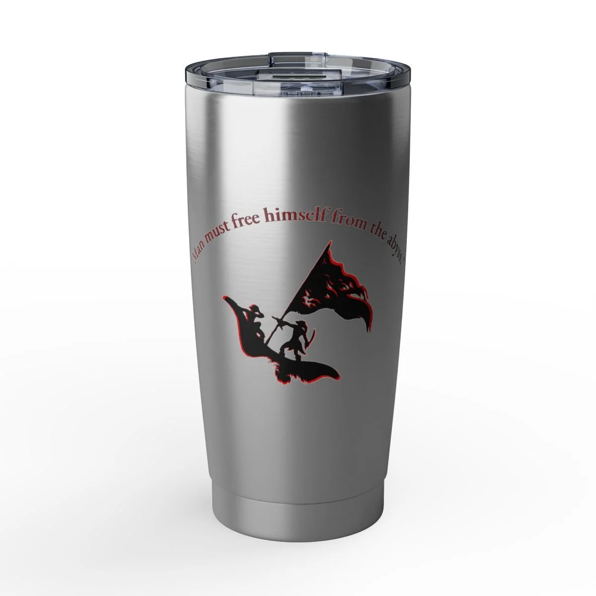 A stainless steel travel tumbler with a lid, featuring a black and red graphic of a knight on a dragon holding a flag, with partial quote text around the graphic.