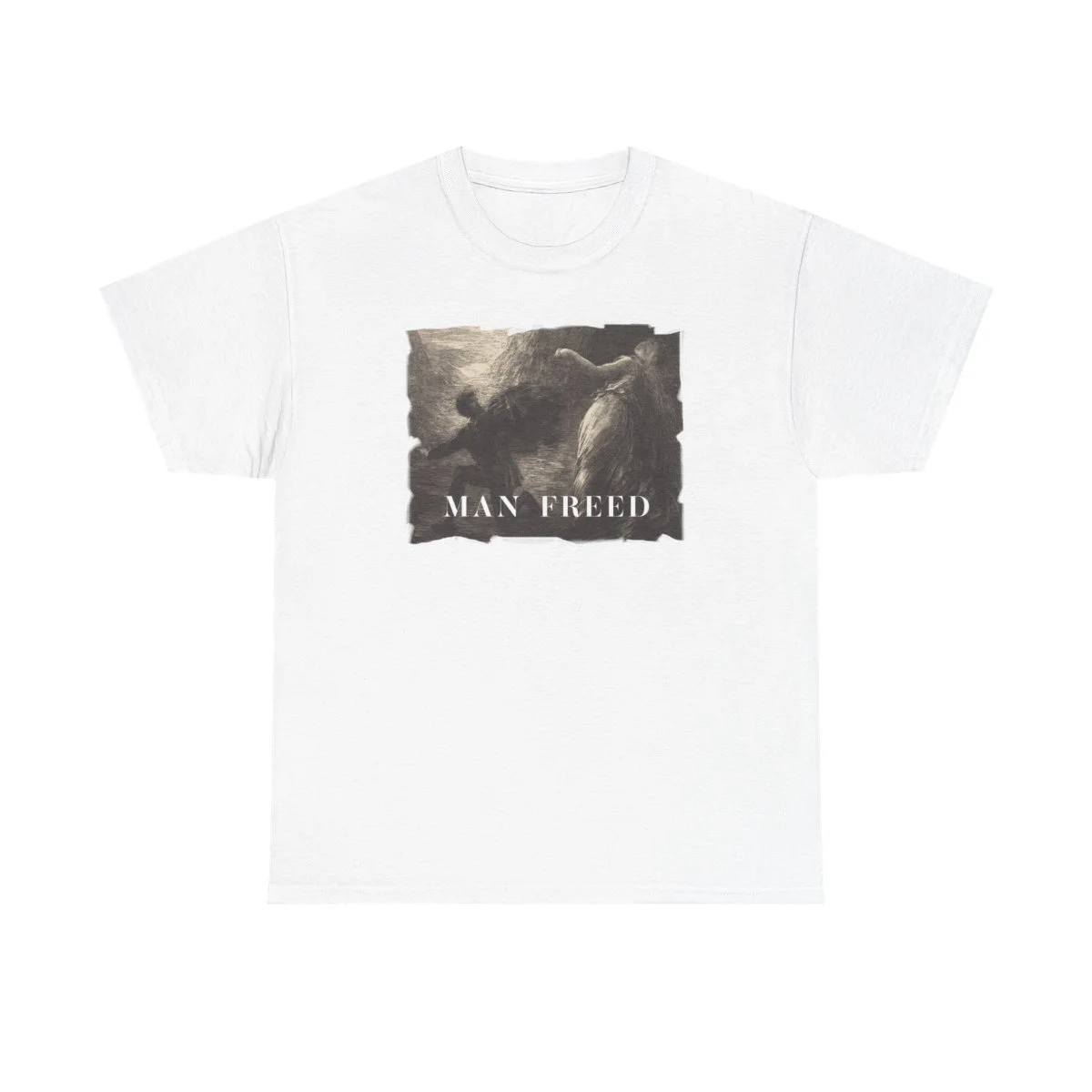White T-shirt with black and white graphic of two men fighting, one holding a club, with the text 'MAN FREED' beneath the image.