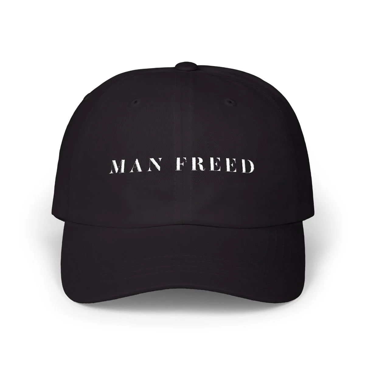Black baseball cap with white embroidered text 'MAN FRED' on front panel.