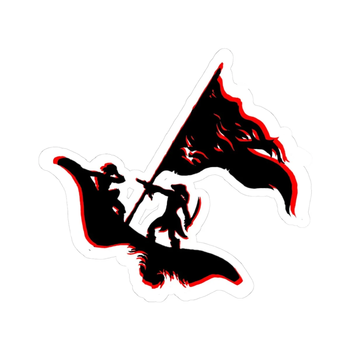 Silhouette of two warriors fighting, raising a sword and holding a flag, with a black and red color scheme.