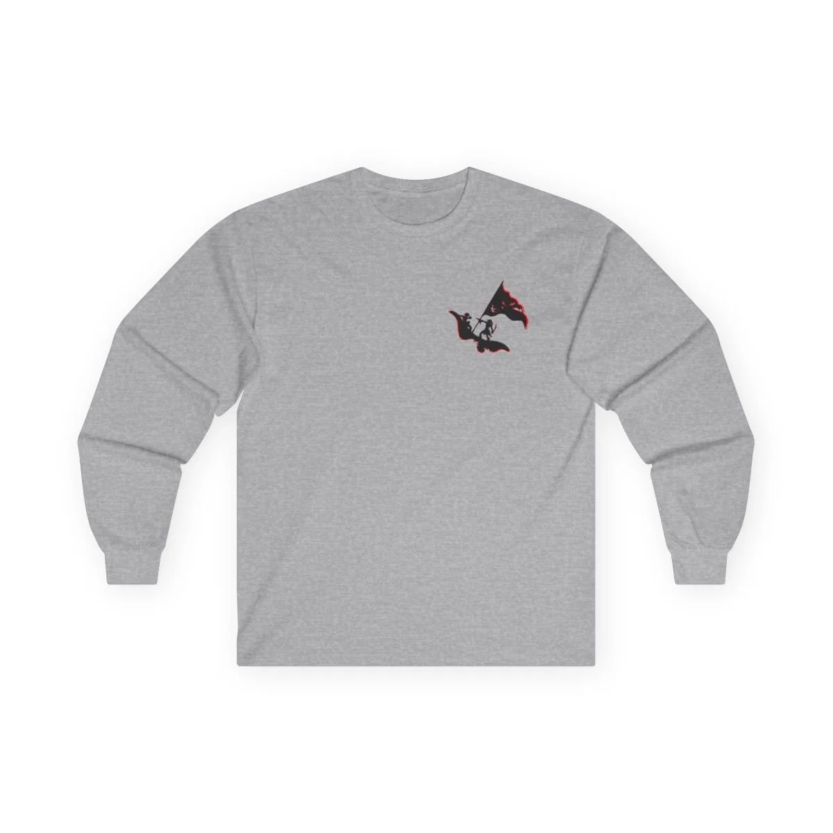 Gray sweatshirt with a small black and red dragon flag graphic on the upper left chest.
