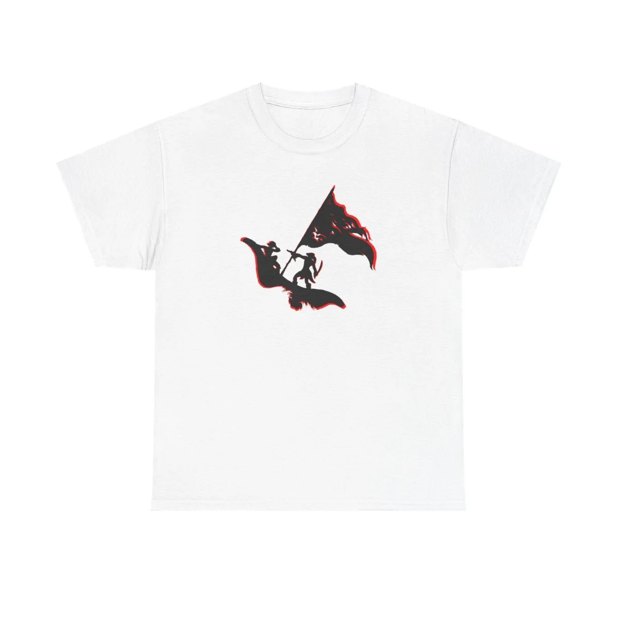 White T-shirt with black and red graphic of a person holding a flag, riding a dragon.